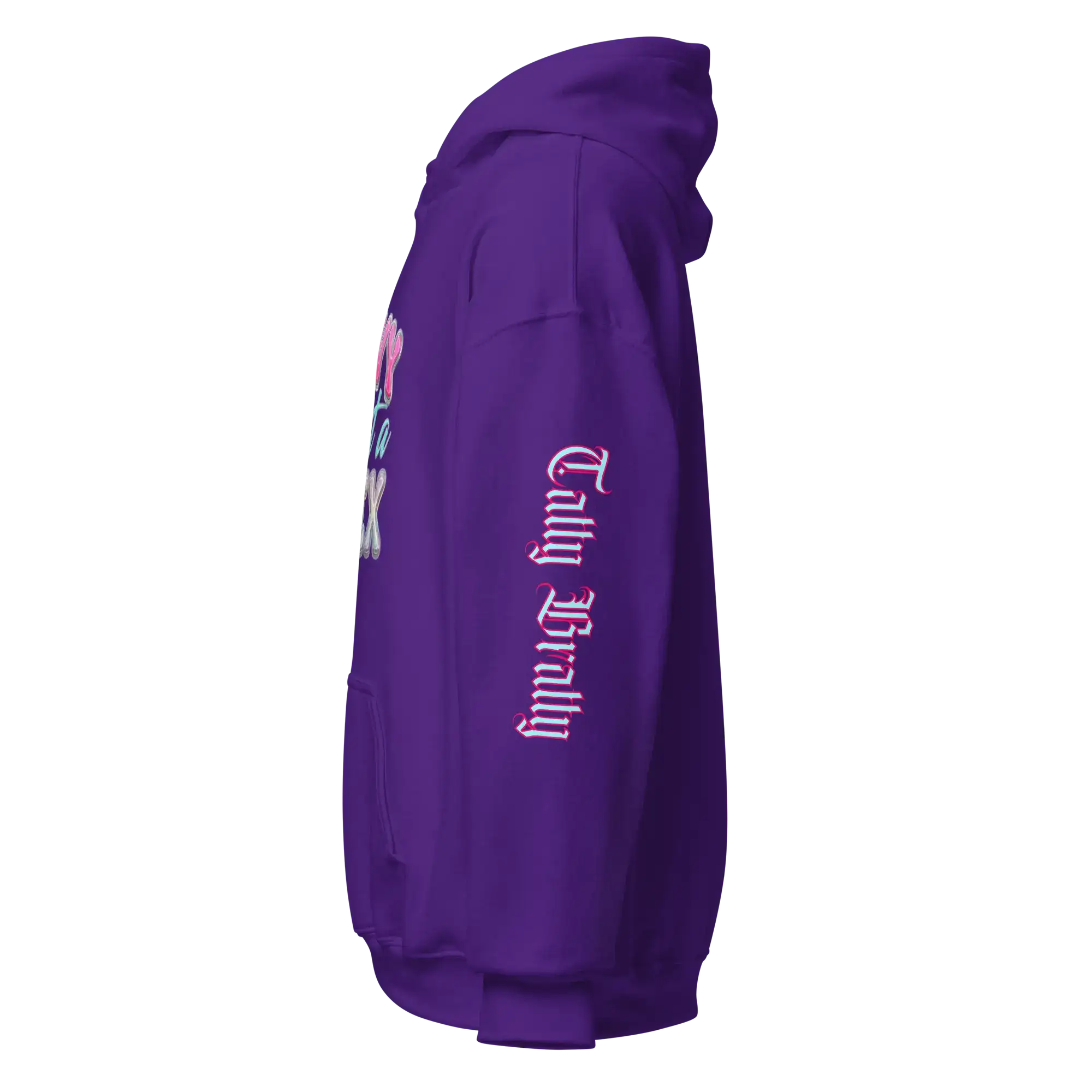 Y2K chrome glam hoodie showcasing glossy pink lettering in a vibrant purple color, perfect for streetwear style.