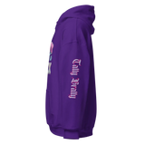 Y2K chrome glam hoodie showcasing glossy pink lettering in a vibrant purple color, perfect for streetwear style.