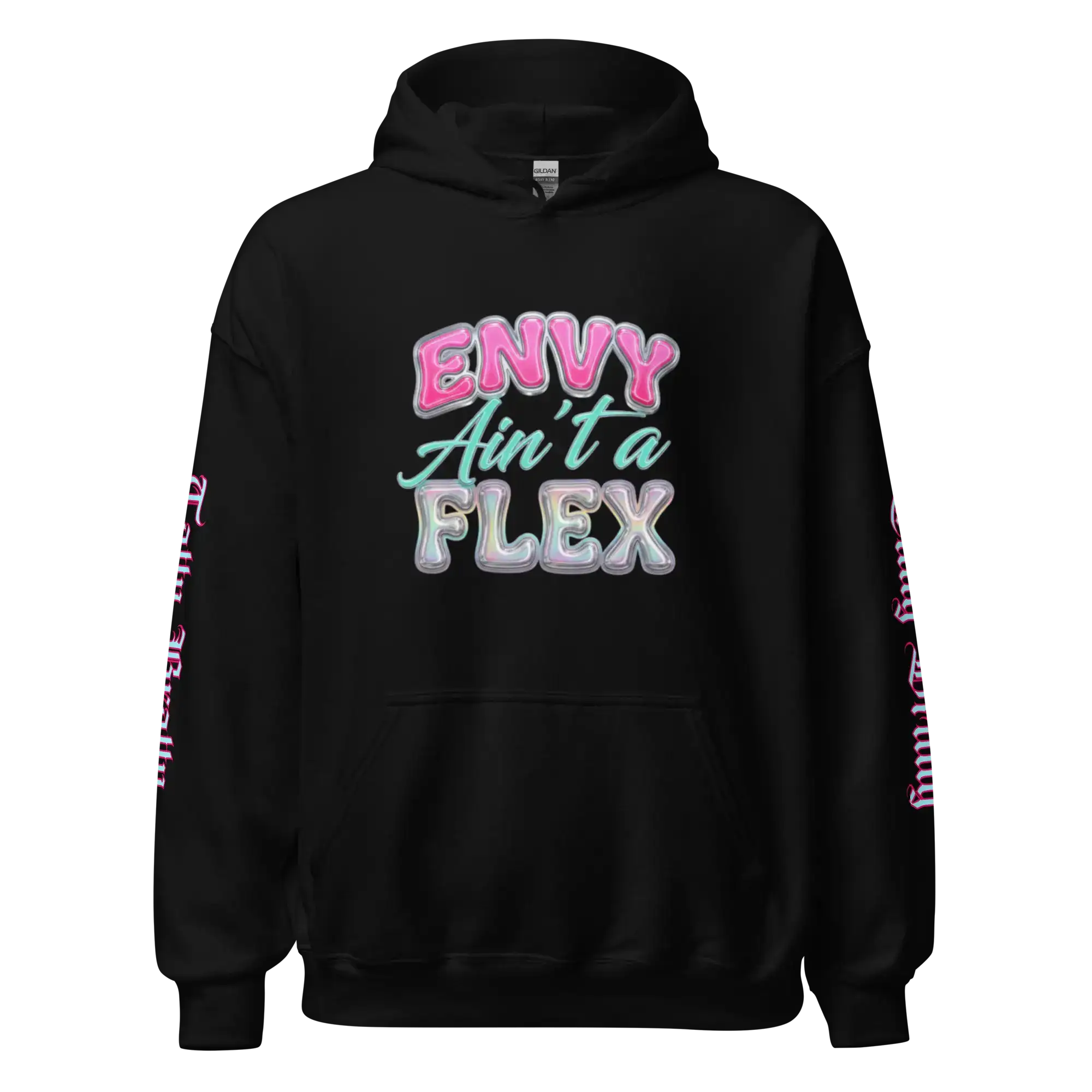 Y2K chrome glam hoodie featuring glossy bubble lettering on a black background, perfect for stylish comfort.