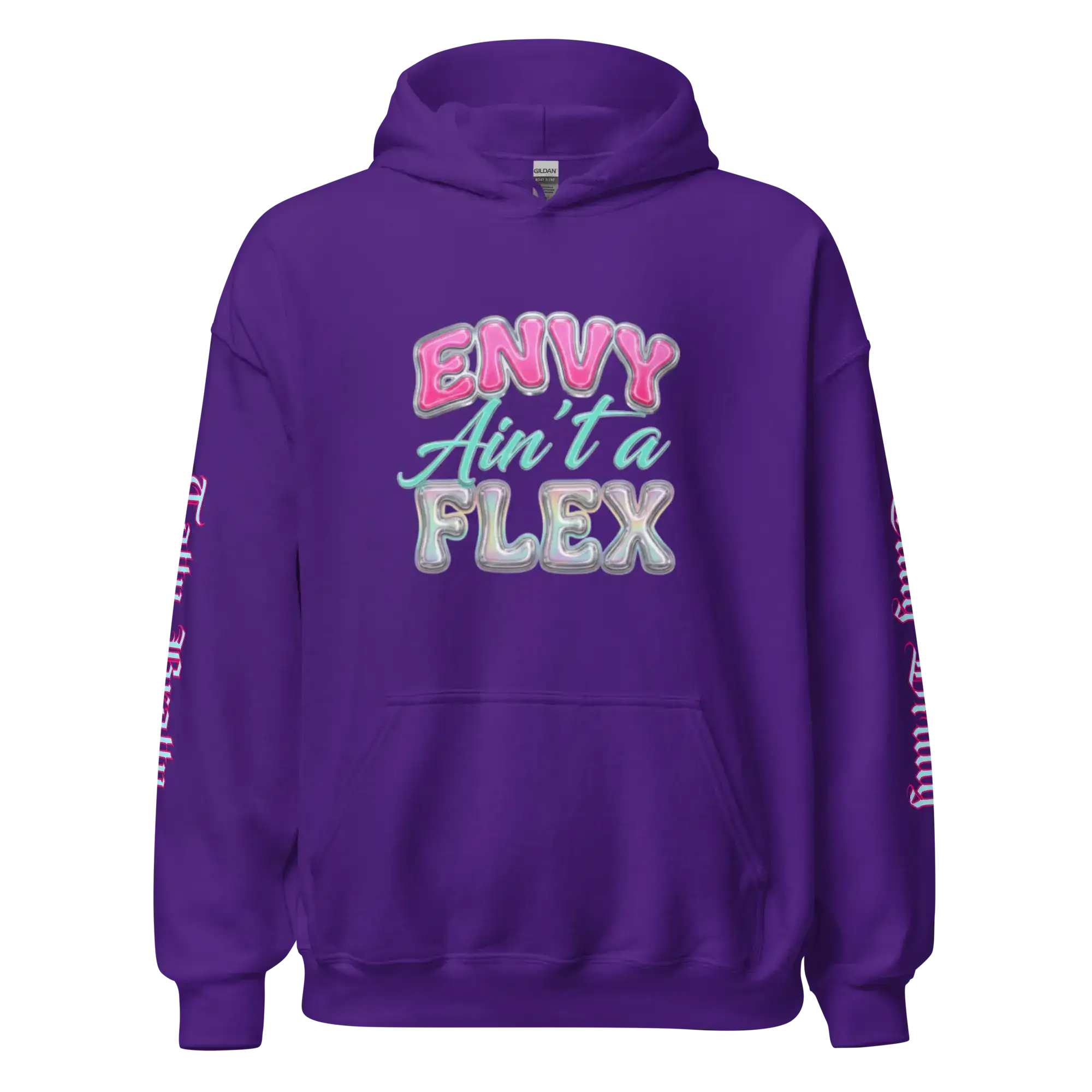 Y2K chrome glam hoodie in purple with glossy pink bubble lettering and chrome metallic shine.