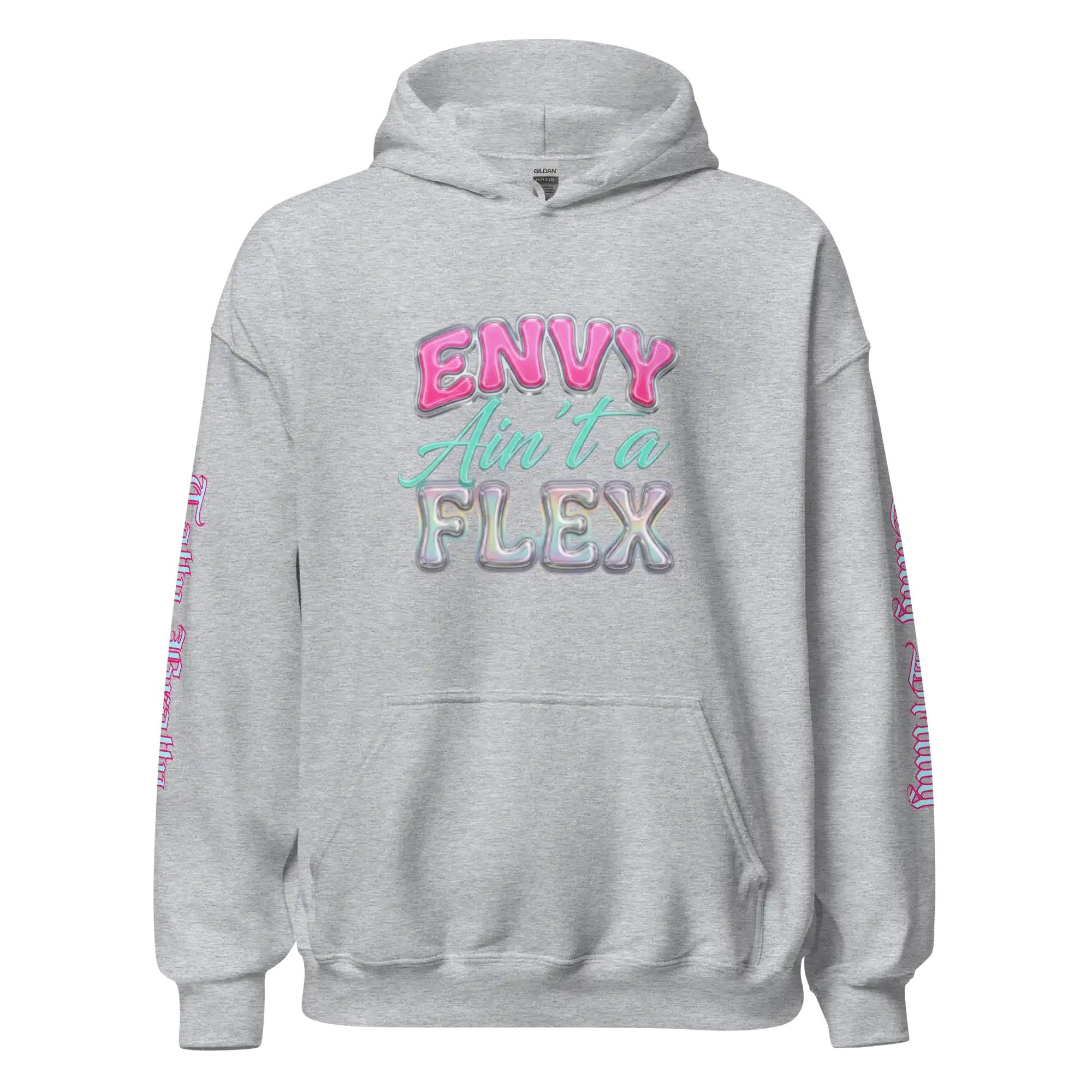 Y2K chrome glam hoodie featuring glossy pink bubble lettering and chrome metallic shine.