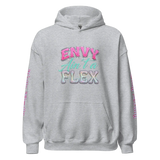Y2K chrome glam hoodie featuring glossy pink bubble lettering and chrome metallic shine.