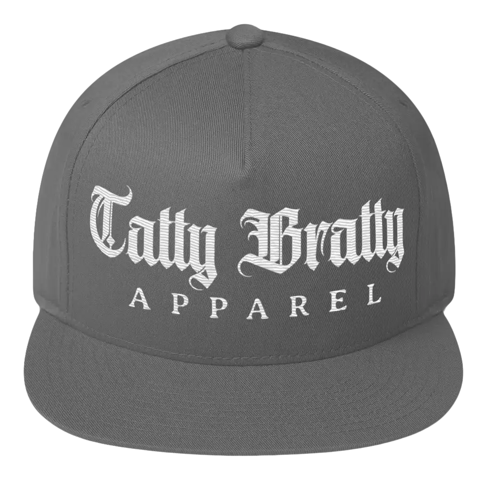 Gray flat-brimmed hat.