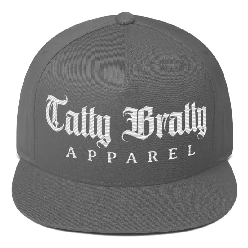 Gray flat-brimmed hat.
