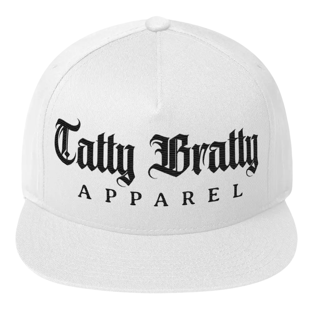 White flat-brimmed hat.