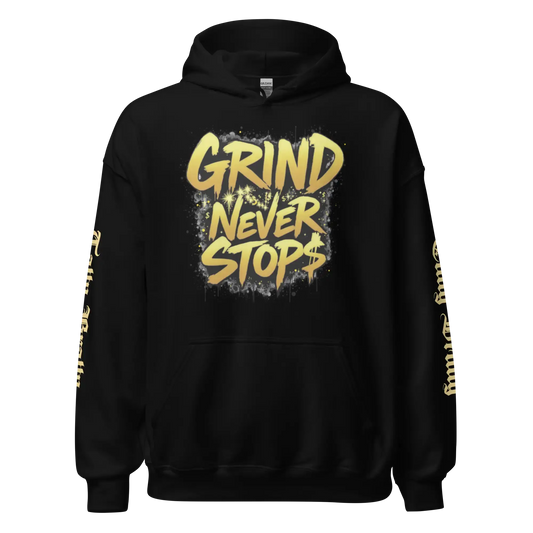 Black hoodie with ’Grind Never Stops’ graphic.