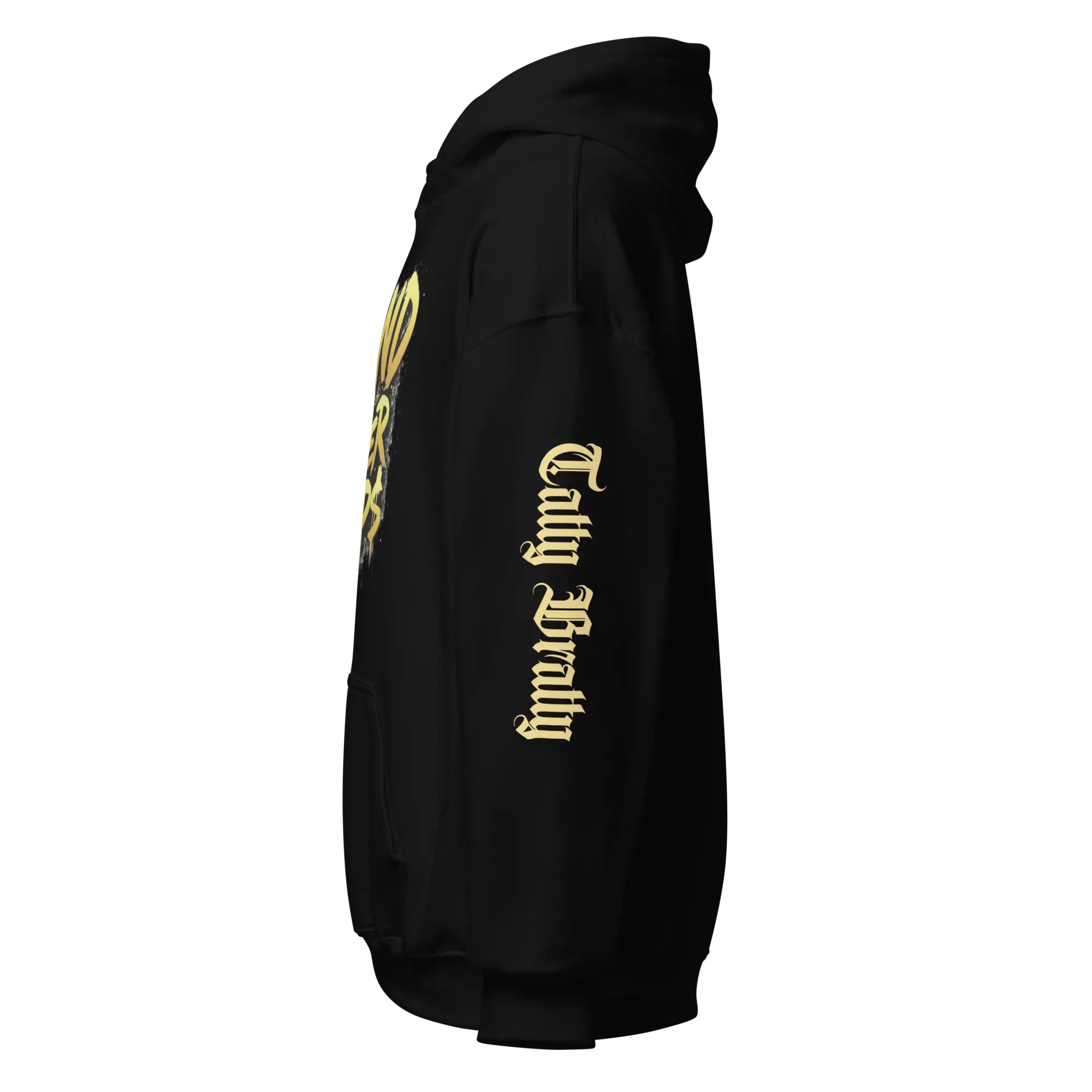 Black hoodie with sleeve graphic.