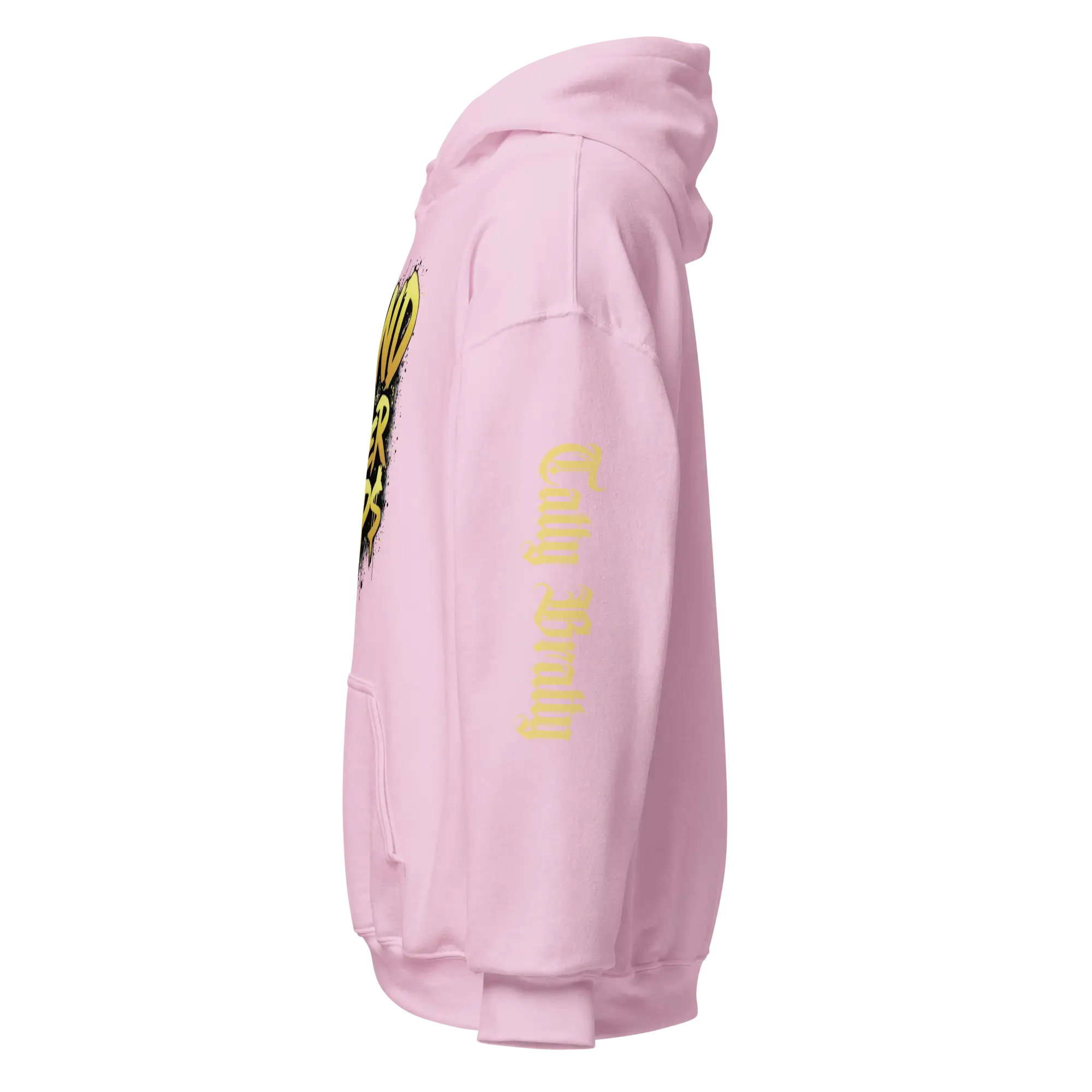 Pink hooded sweatshirt.