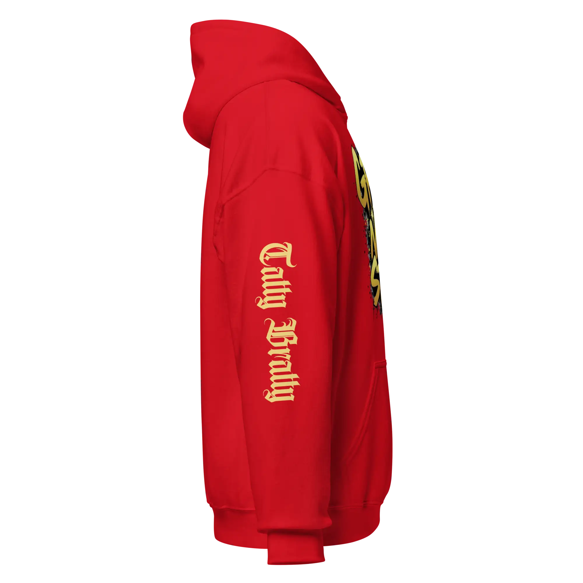 Red hoodie with gold lettering.