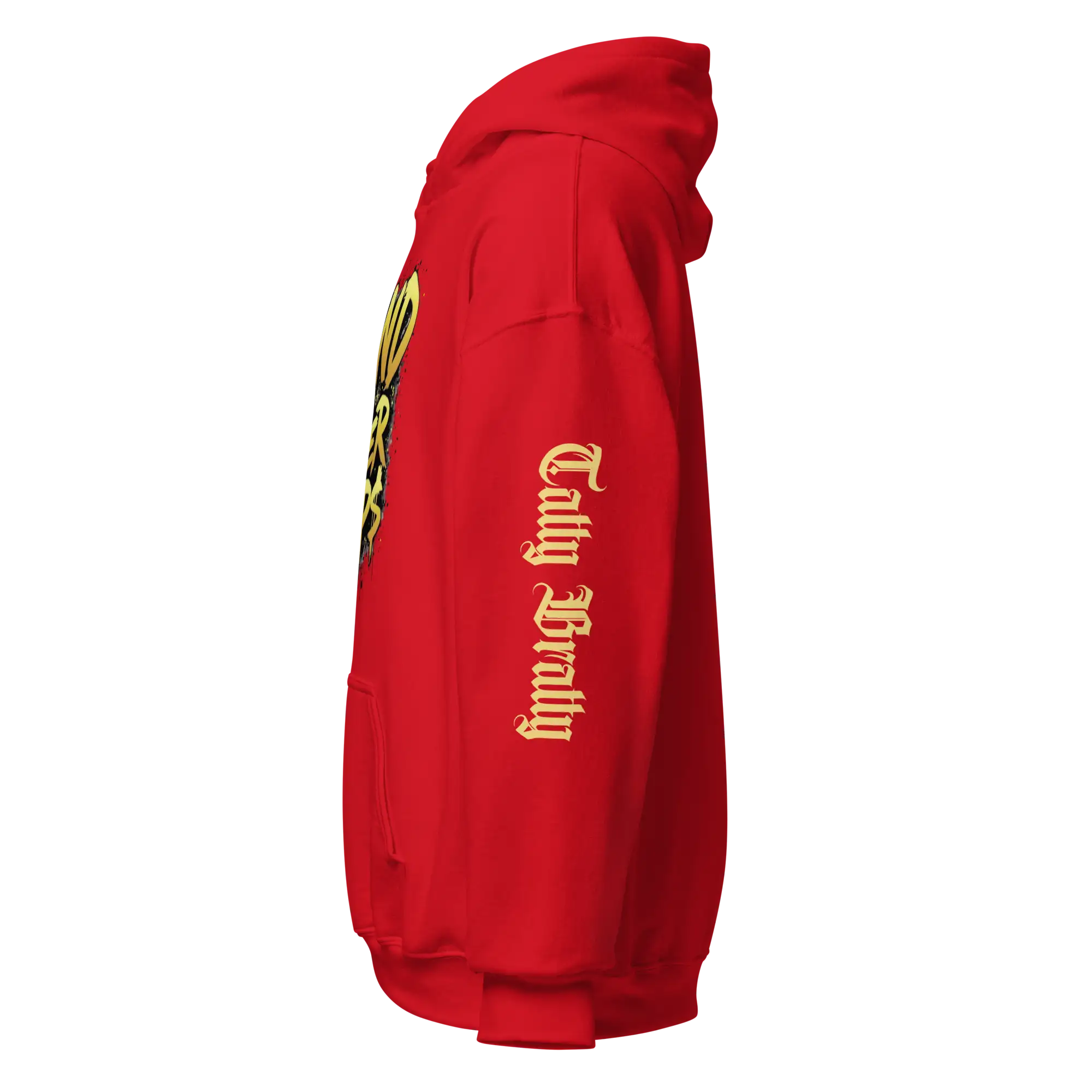 Red hoodie with gold lettering.