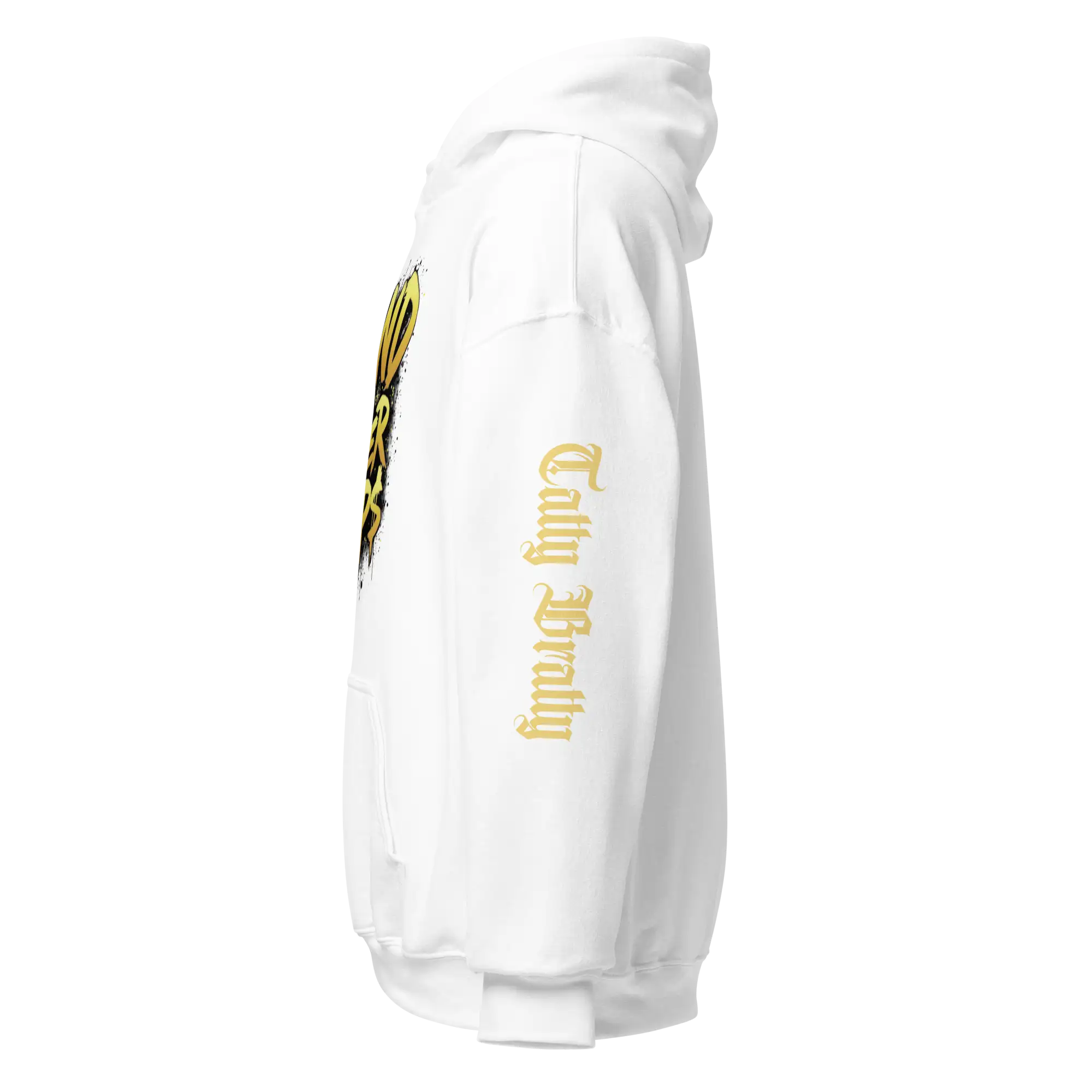 White hoodie with gold accents.