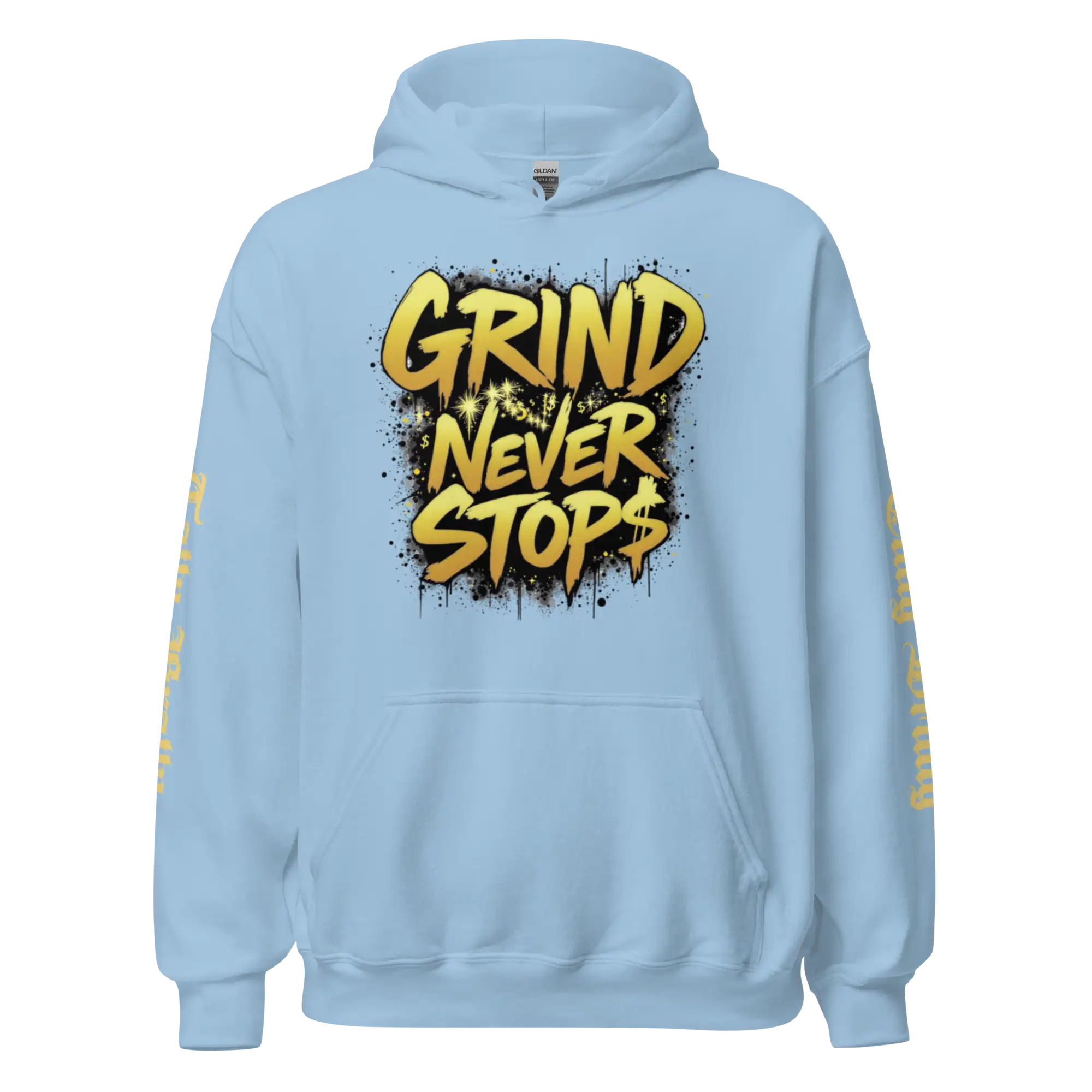 Light blue hoodie with ’Grind Never Stops’ graphic.
