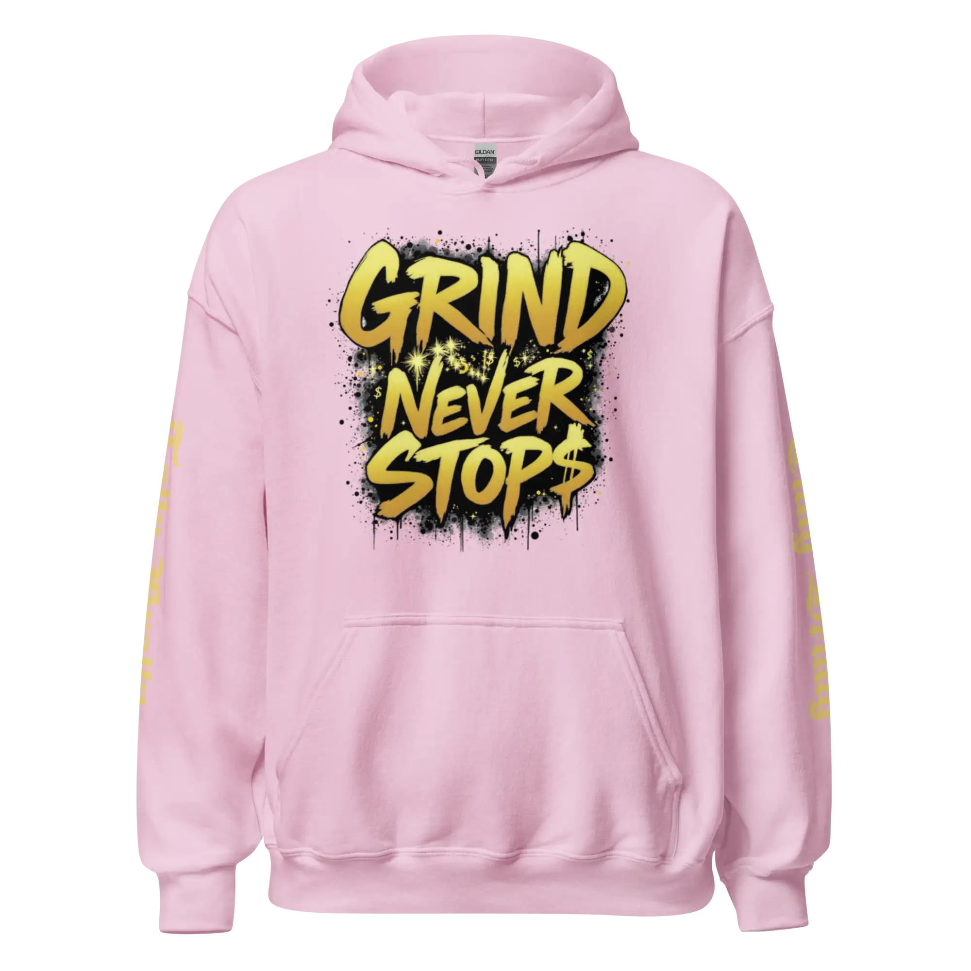 Pink hoodie with ’Grind Never Stops’ graphic.
