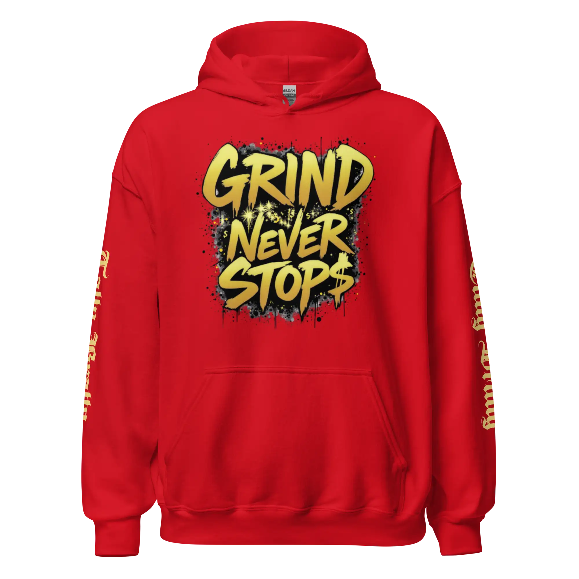 Red hoodie with ’Grind Never Stops’ graphic.
