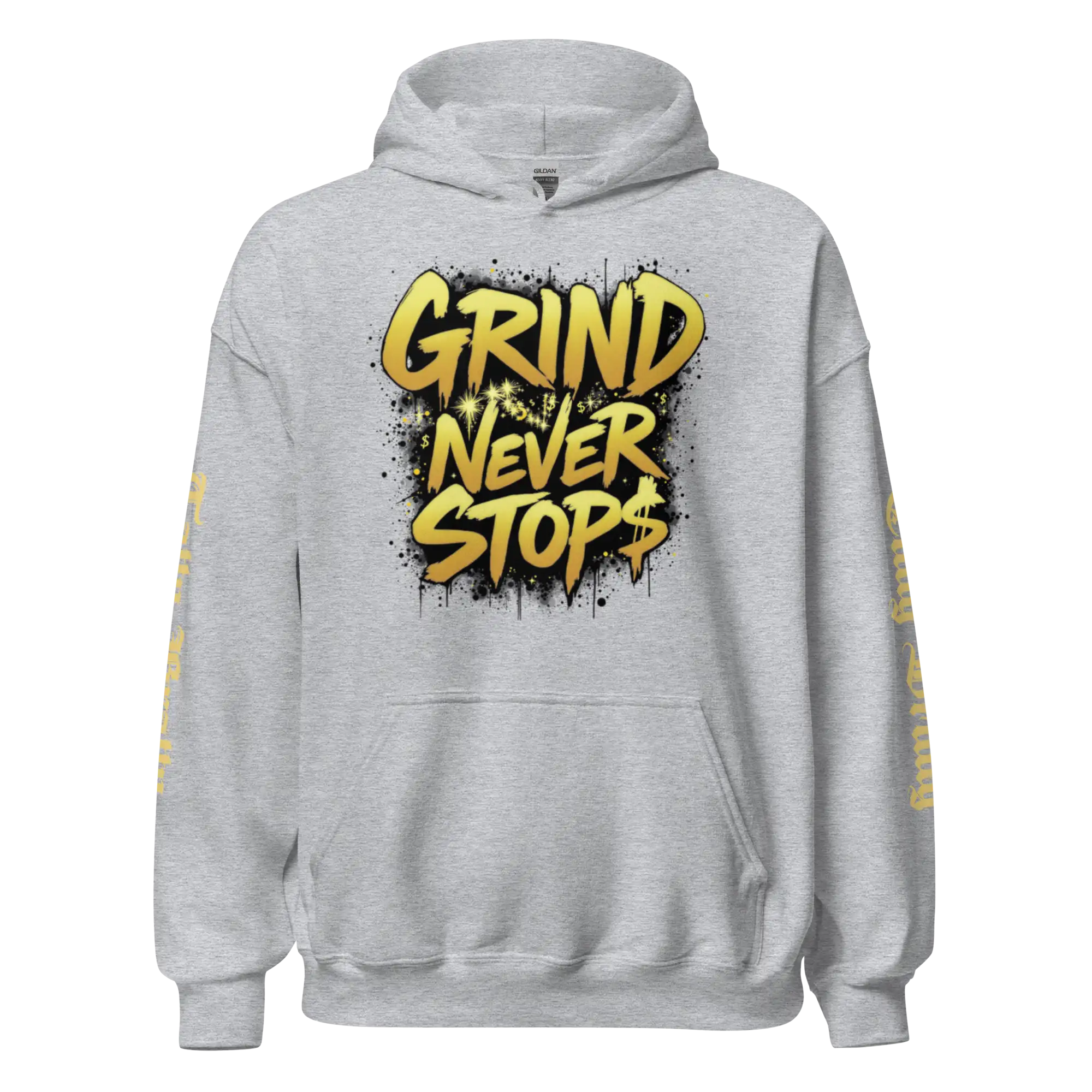Gray hoodie with gold lettering.