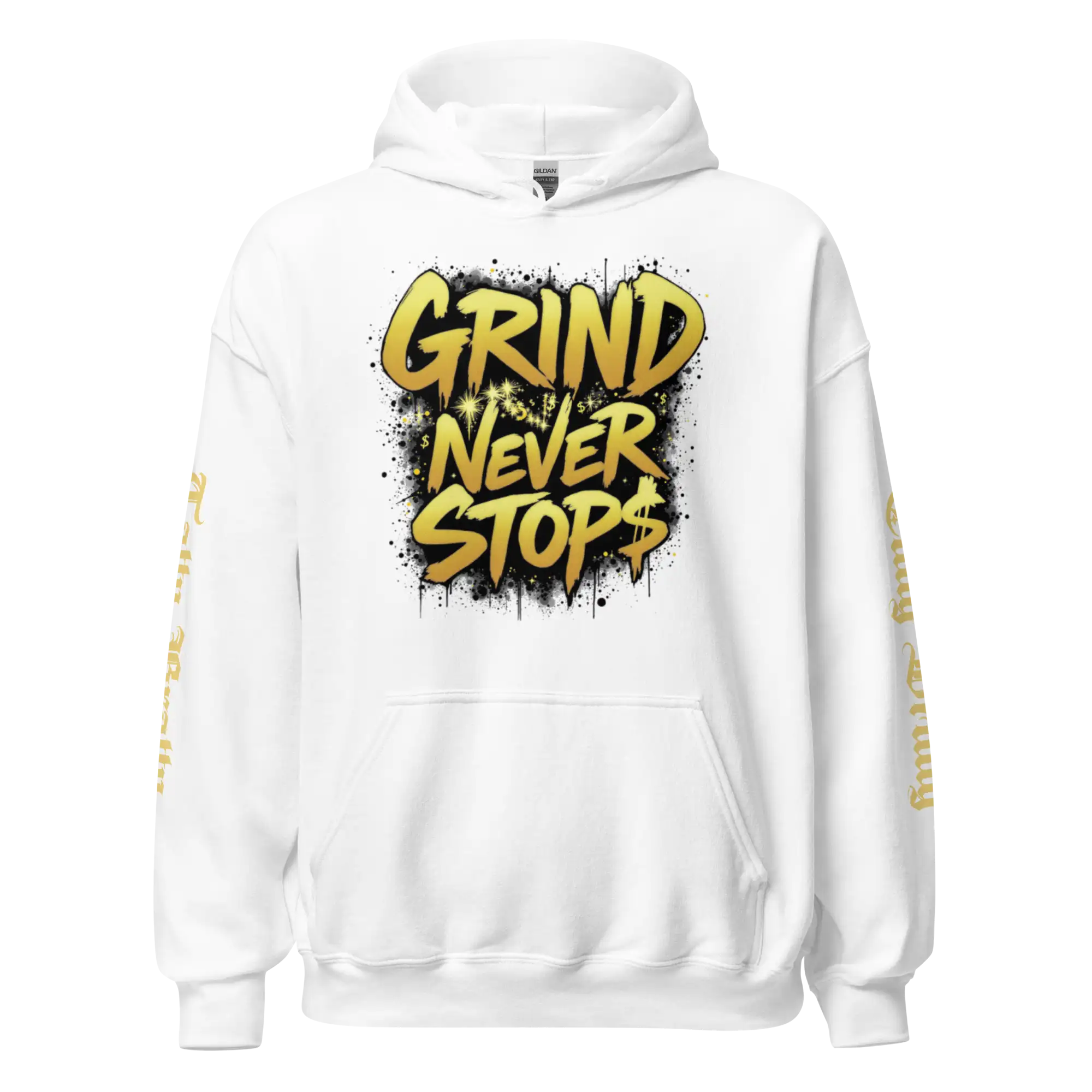 White hoodie with gold lettering.