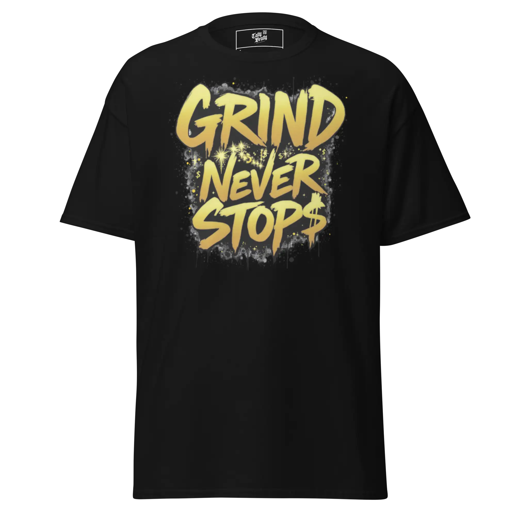 Black t-shirt with gold lettering.