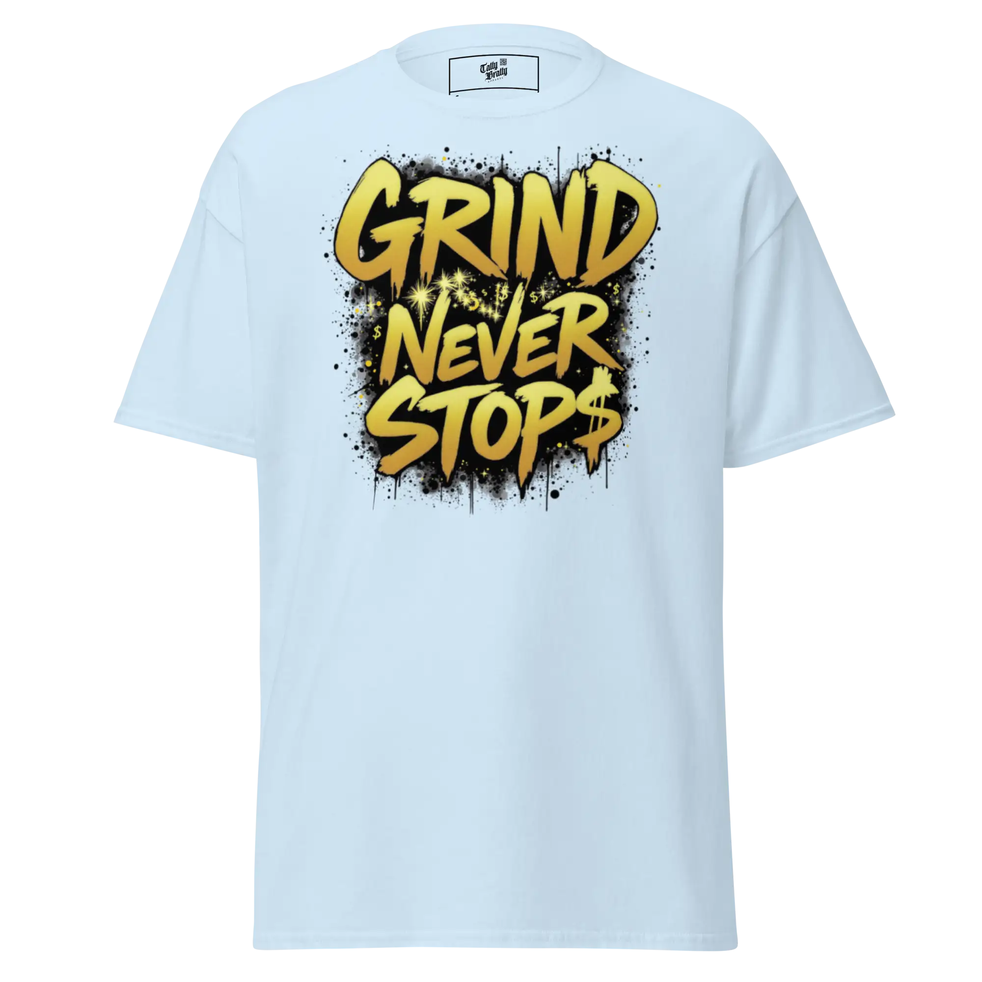 Light blue t-shirt with ’Grind Never Stops’ graphic.
