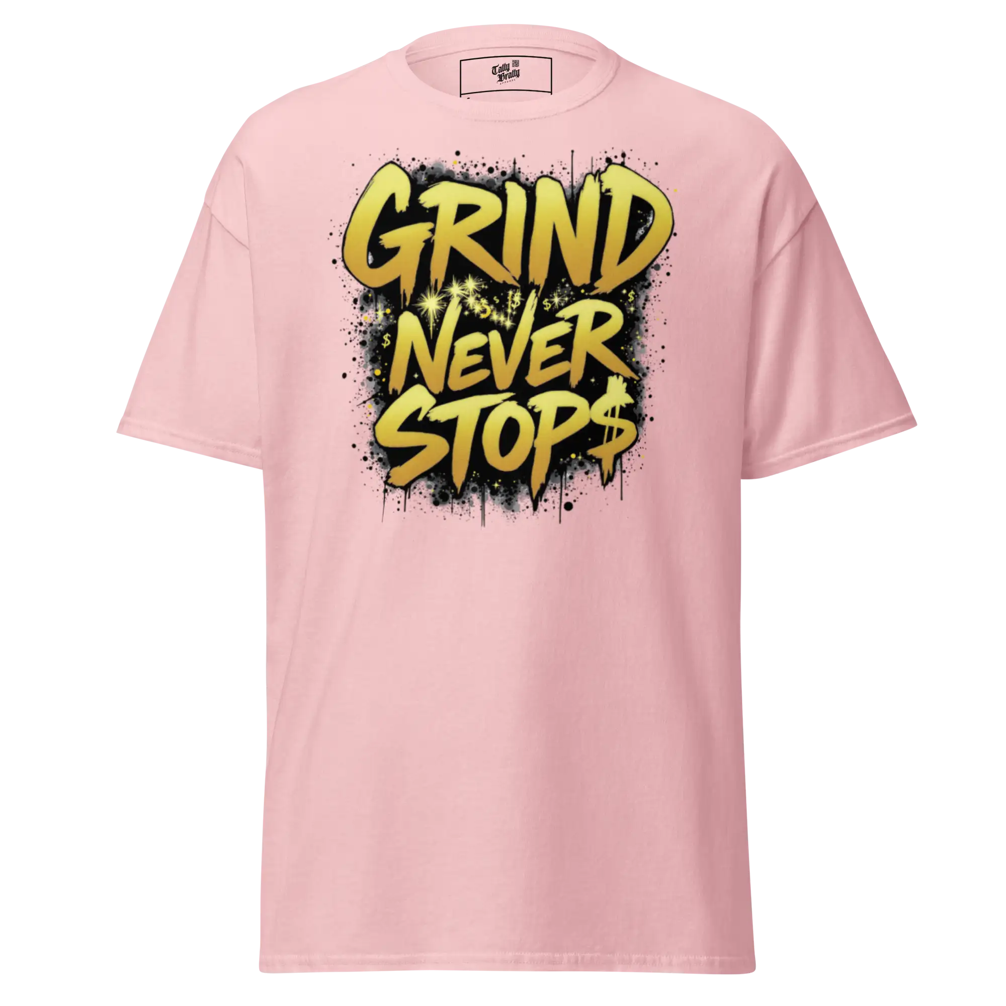 Pink t-shirt with ’Grind Never Stops’ graphic.
