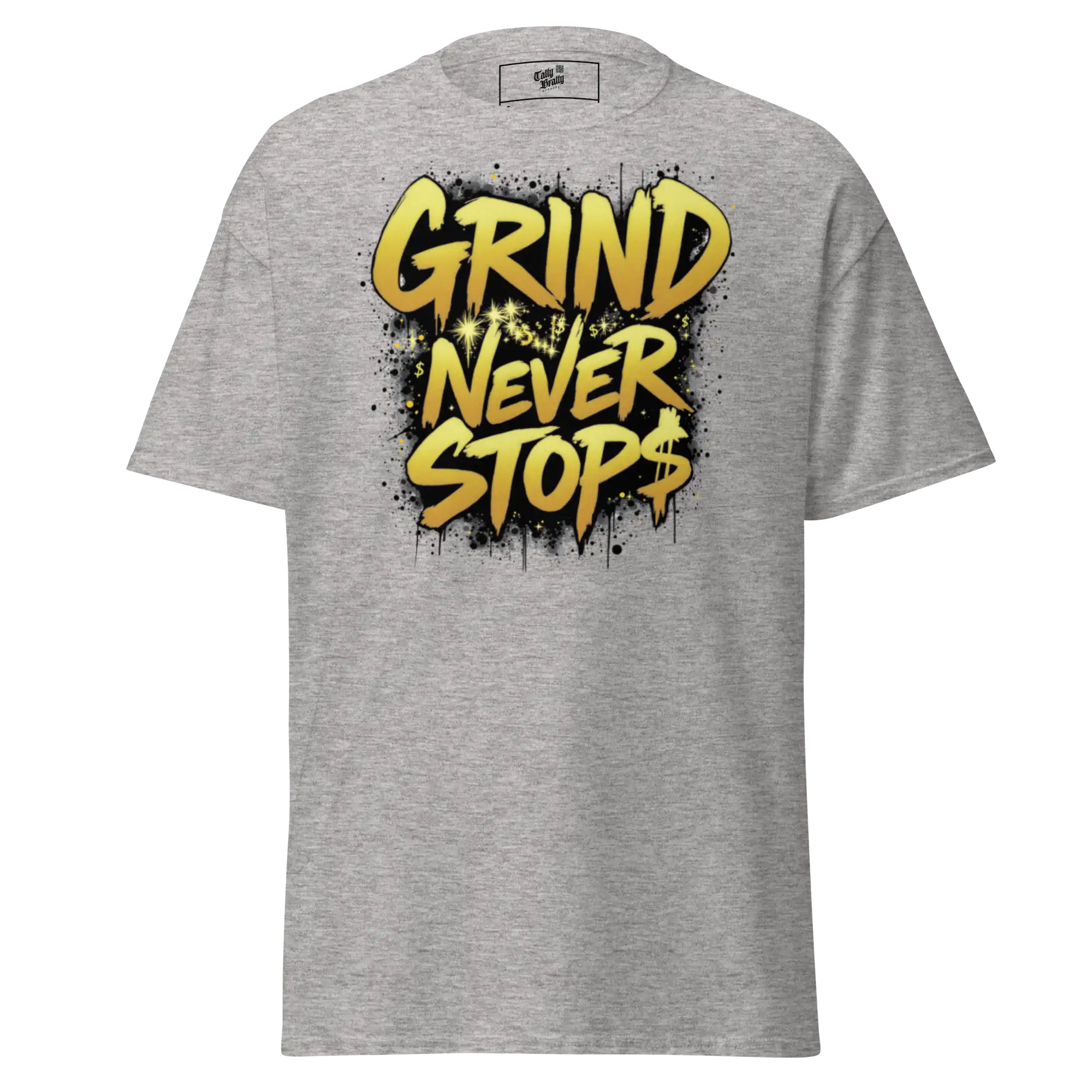 Gray t-shirt with ’Grind Never Stops’ graphic.