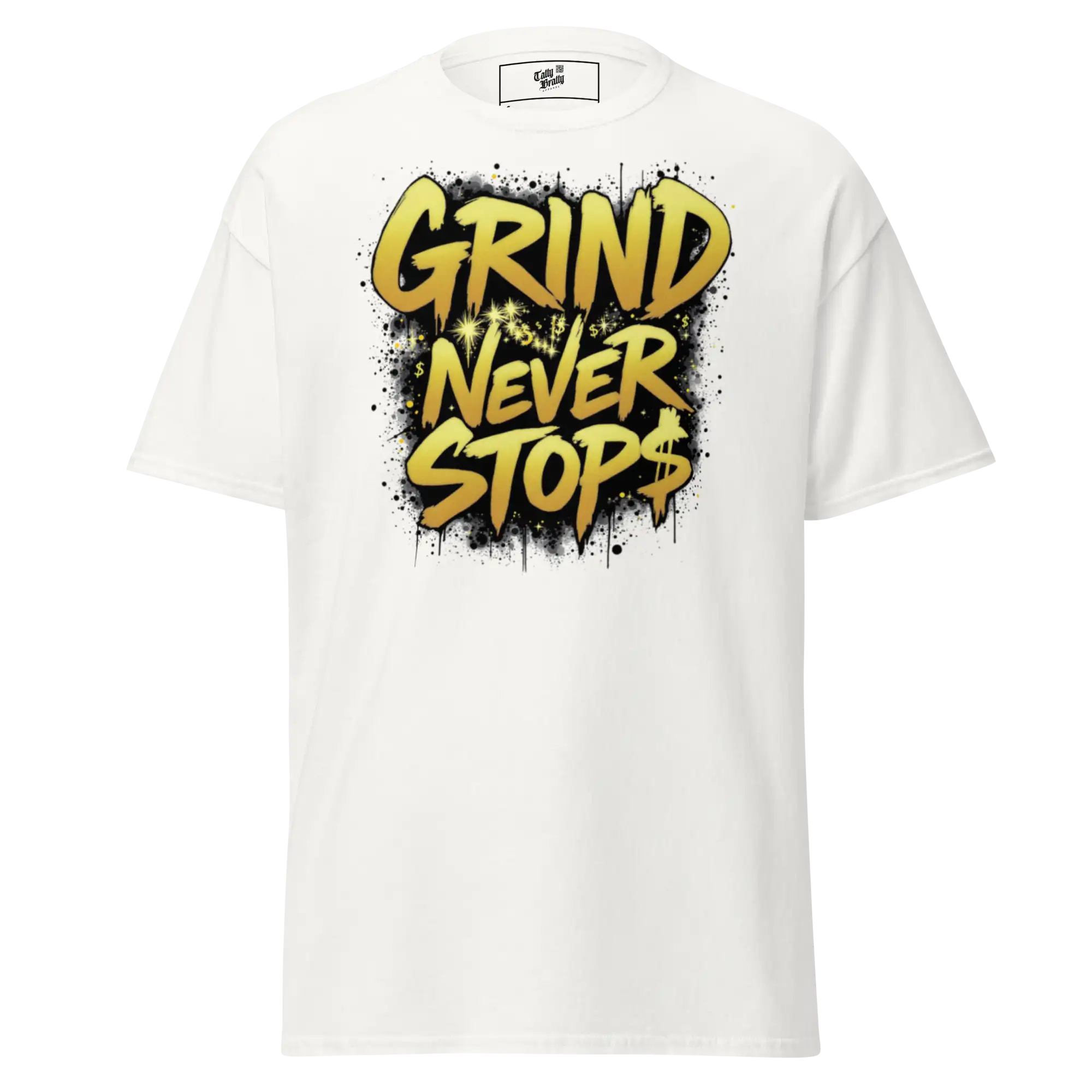 White t-shirt with ’Grind Never Stops’ graphic.