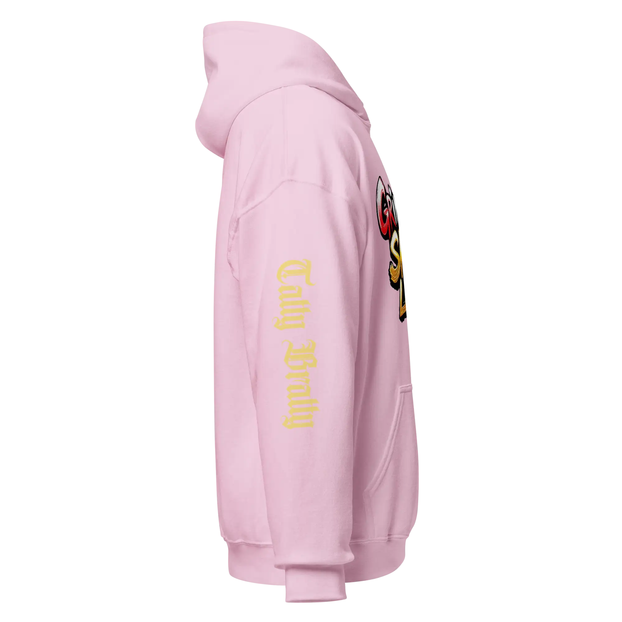 Pink hooded sweatshirt.