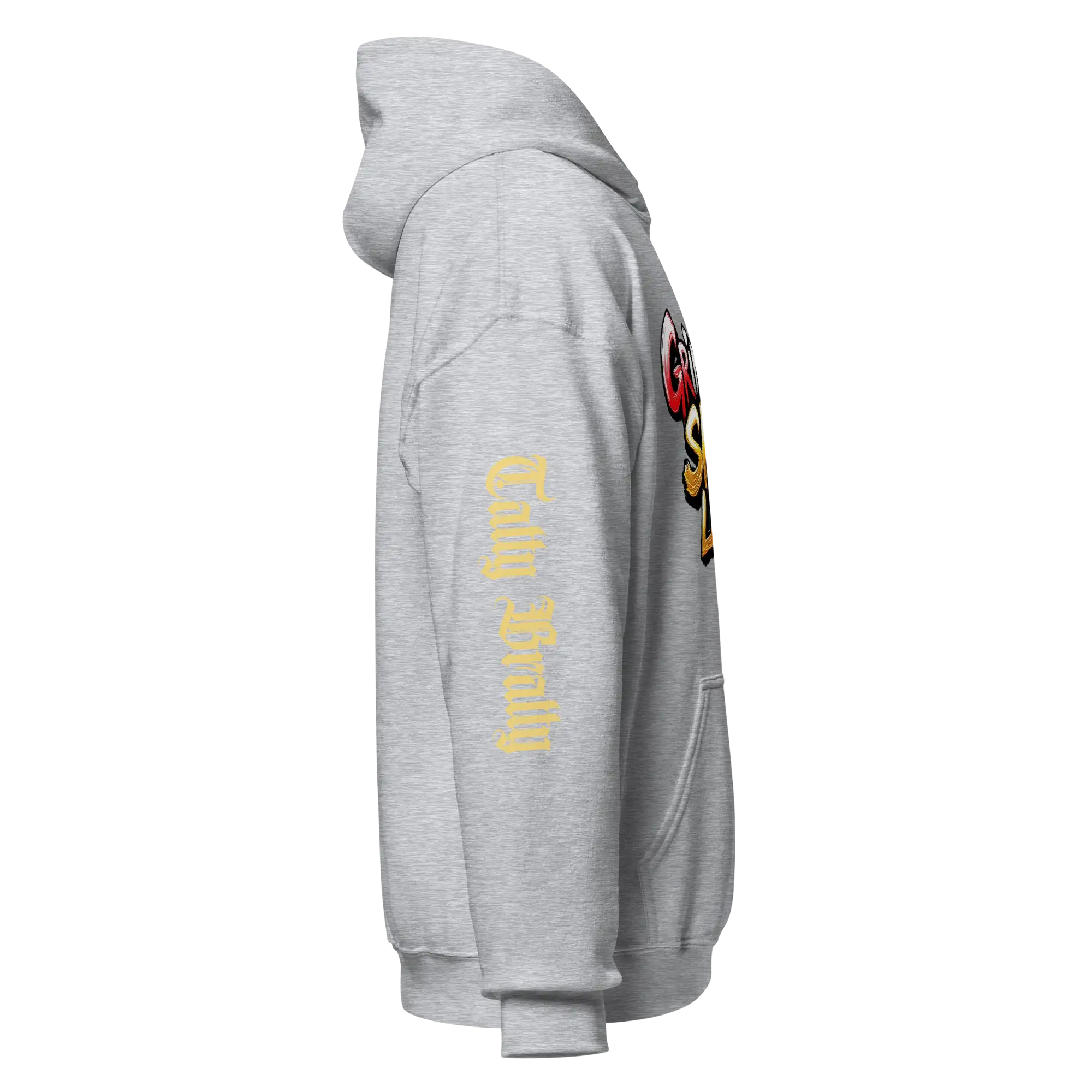 Gray hooded sweatshirt.