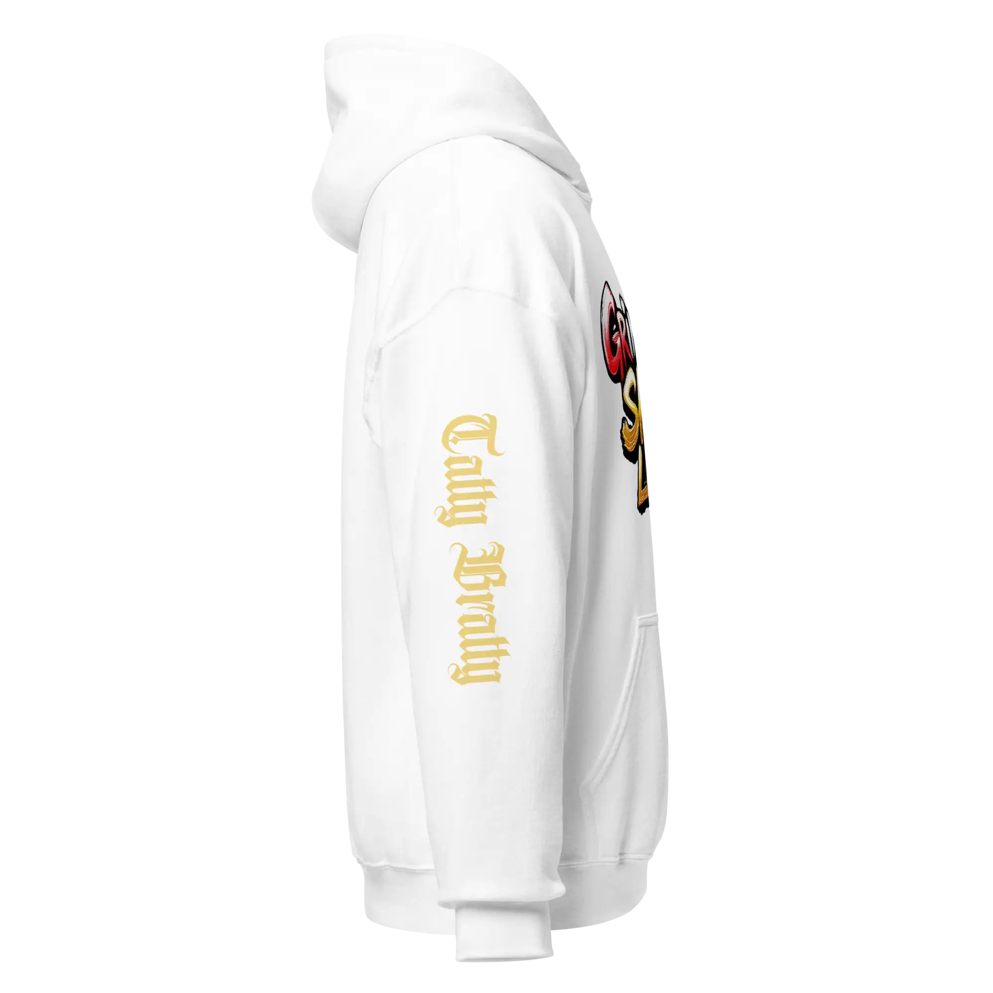 White hoodie with sleeve graphic.