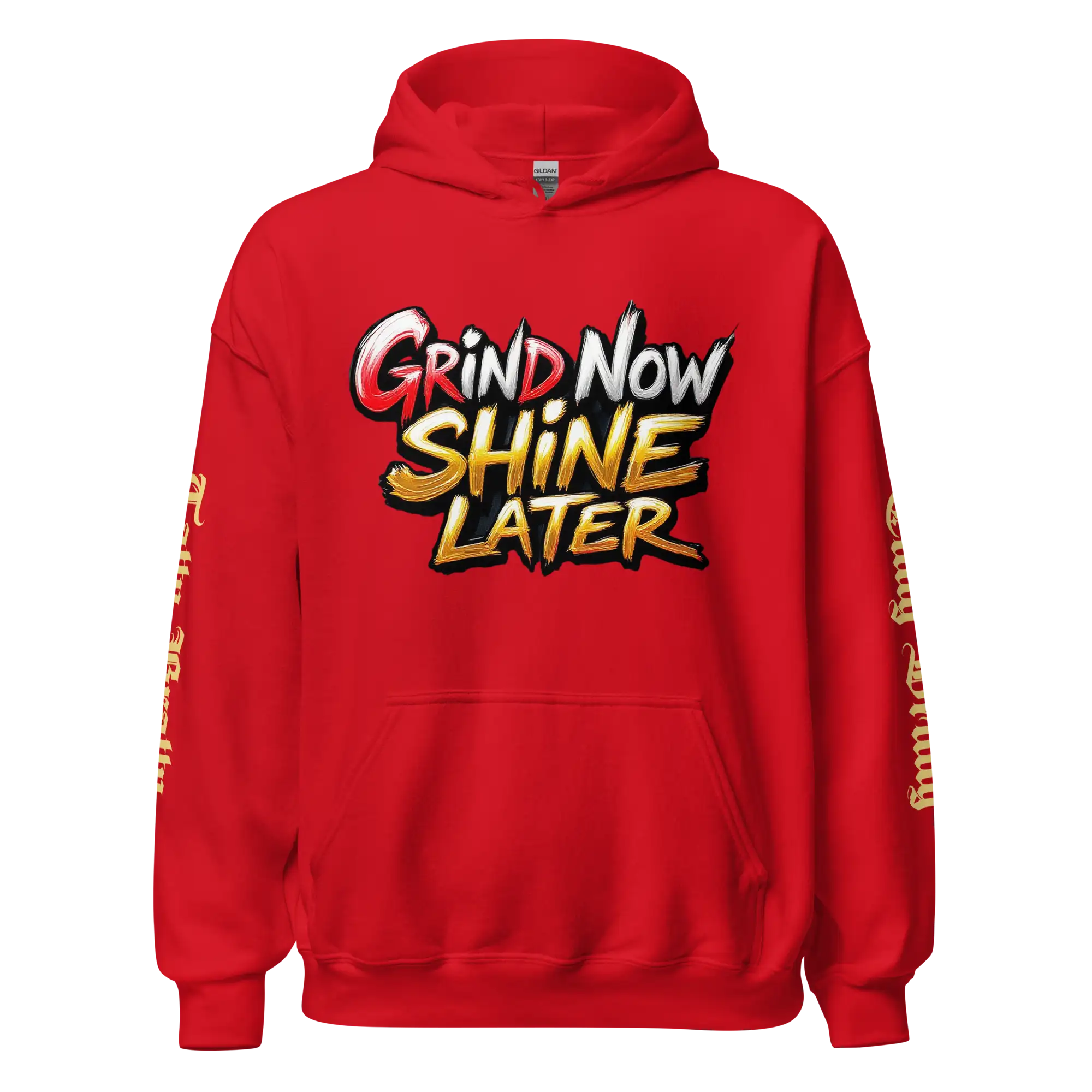 Red hoodie with graphic text.