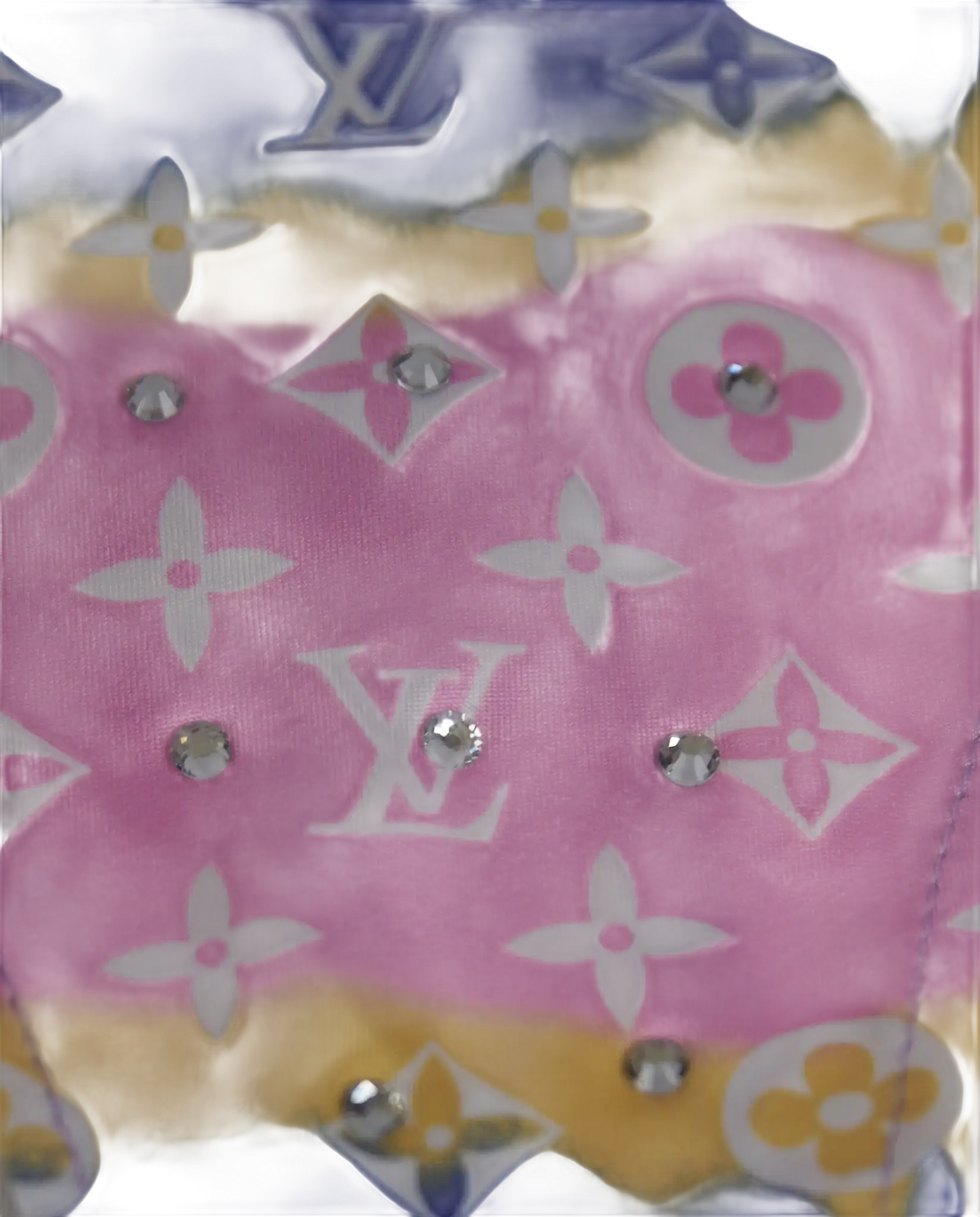 Pink and blue Louis Vuitton patterned fabric with rhinestones.