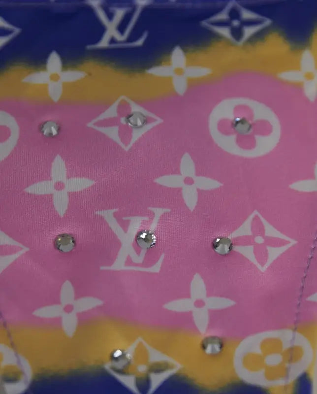 Pink and blue Louis Vuitton patterned fabric with rhinestones.