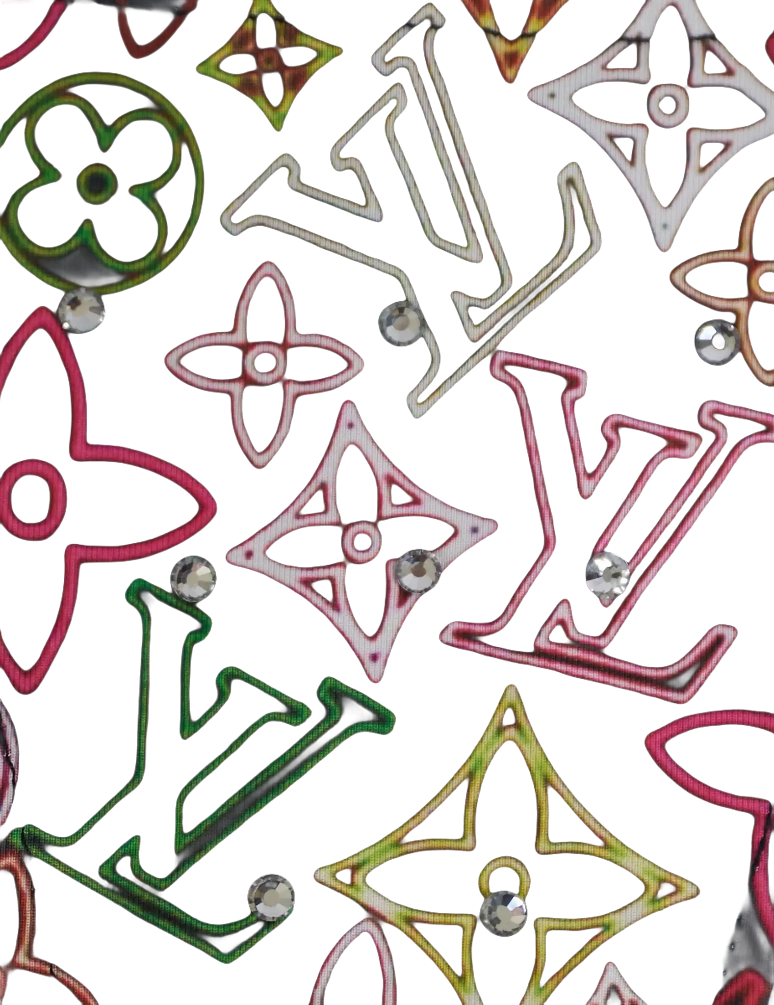 Black fabric with colorful Louis Vuitton-inspired pattern and rhinestones.