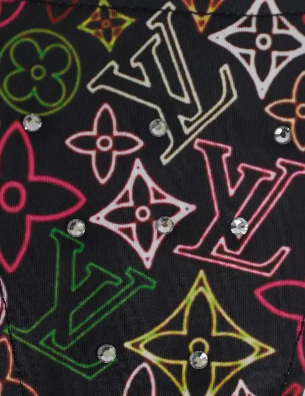 Black fabric with colorful Louis Vuitton-inspired pattern and rhinestones.