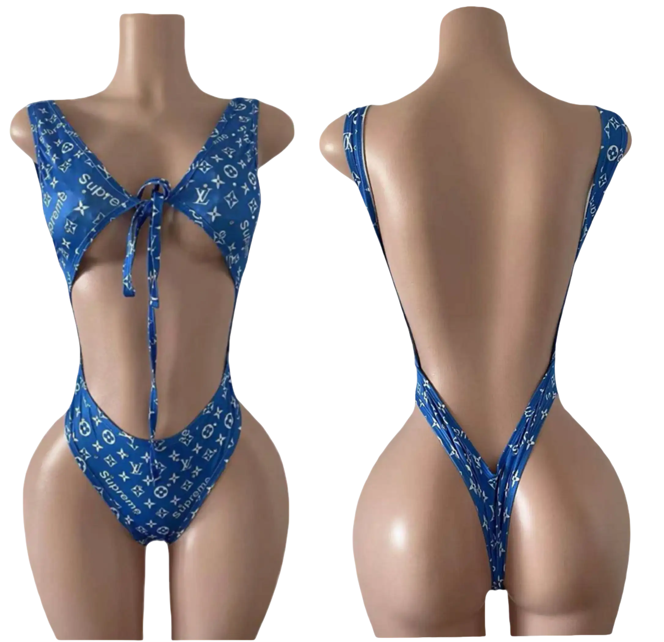 Blue patterned one-piece swimsuit.
