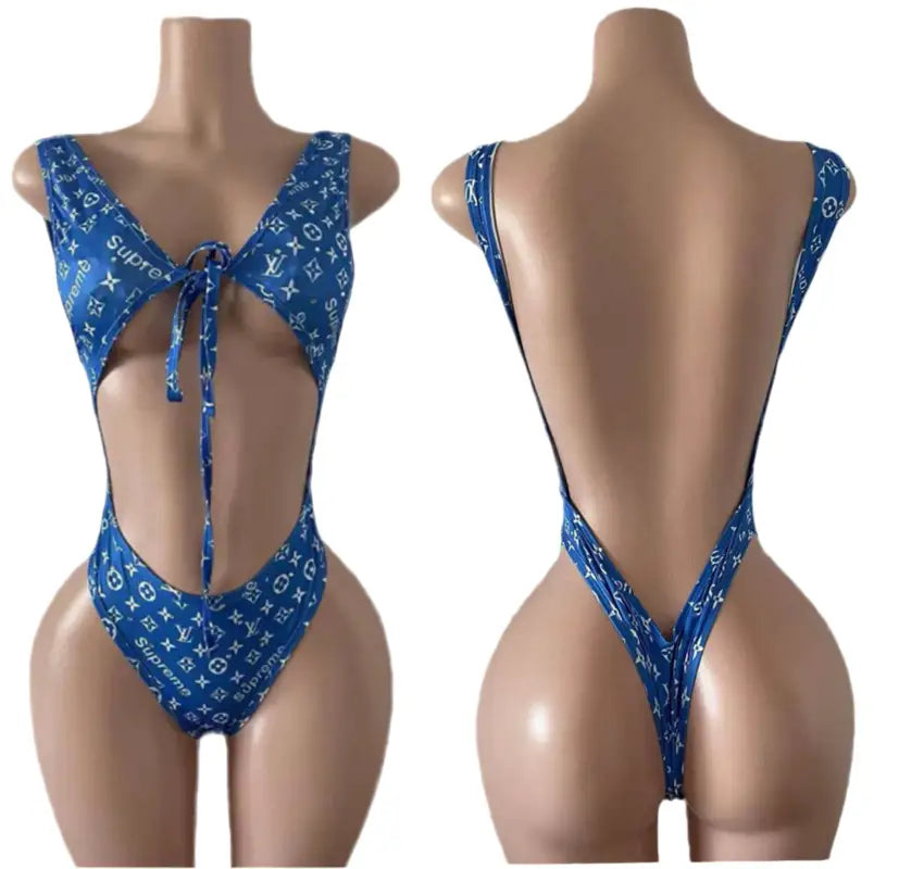 Blue patterned one-piece swimsuit.