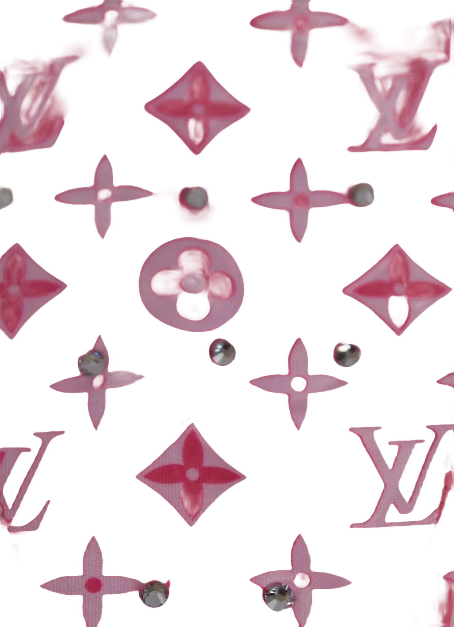Pink fabric with white floral and logo pattern, embellished with rhinestones.