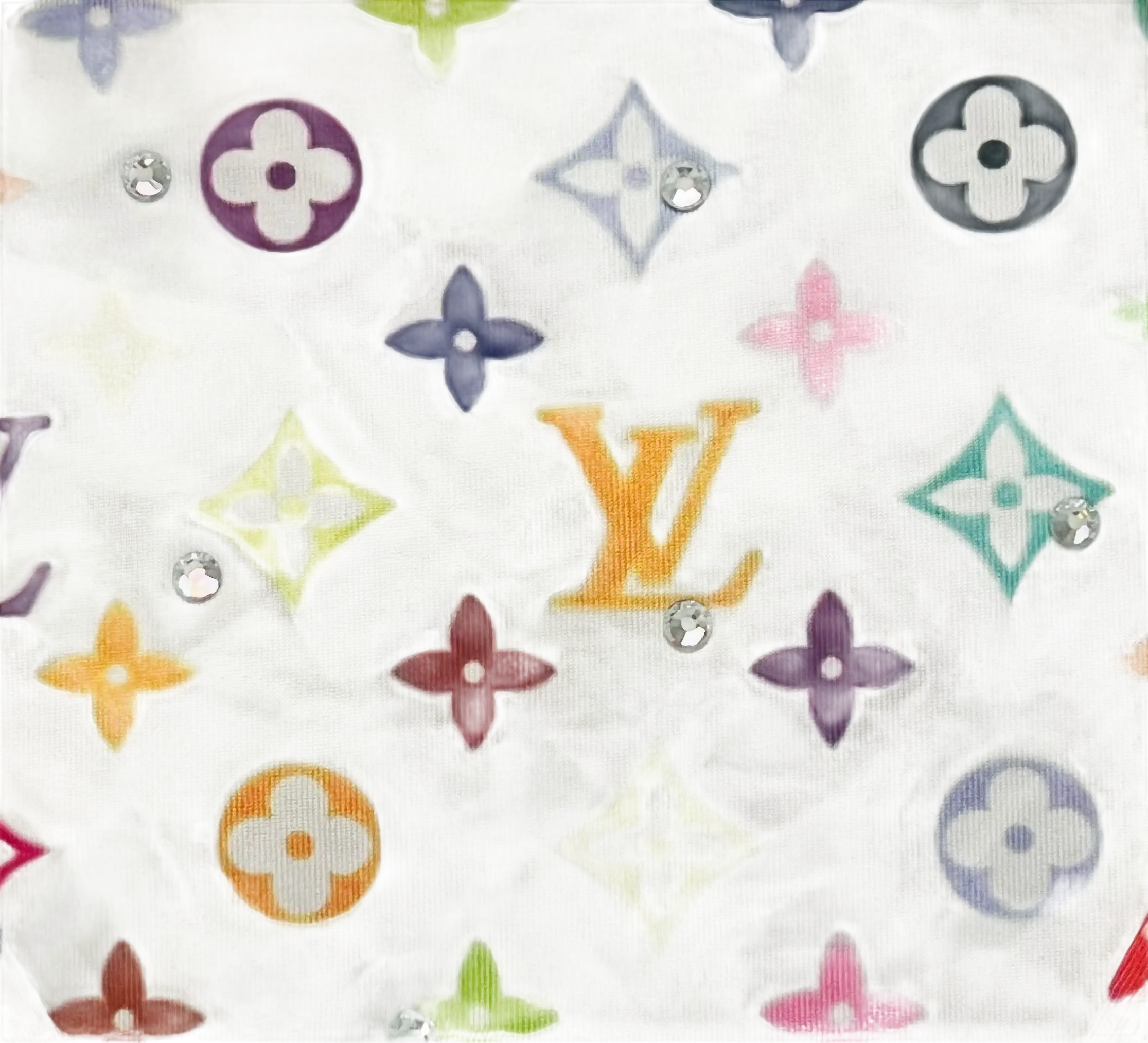 Colorful patterned fabric with rhinestones.