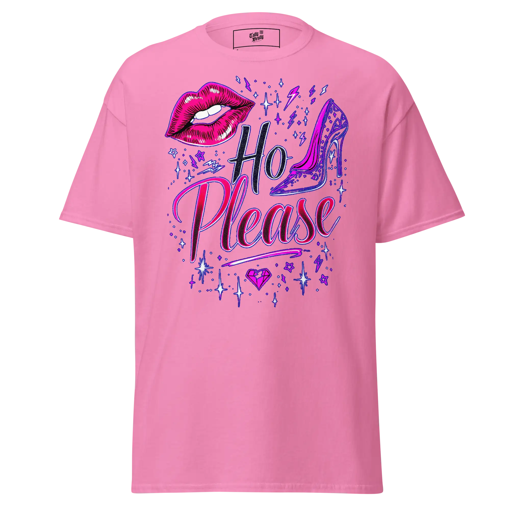 Pink t-shirt with ’Ho Please’ graphic.