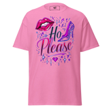 Pink t-shirt with ’Ho Please’ graphic.