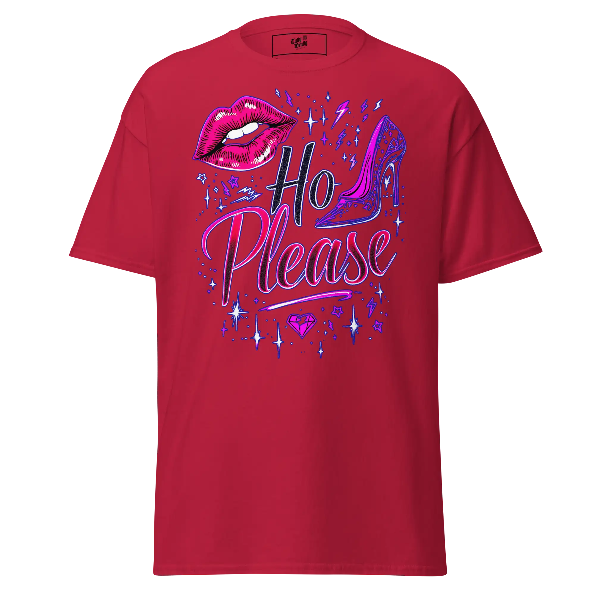 Red t-shirt with graphic.