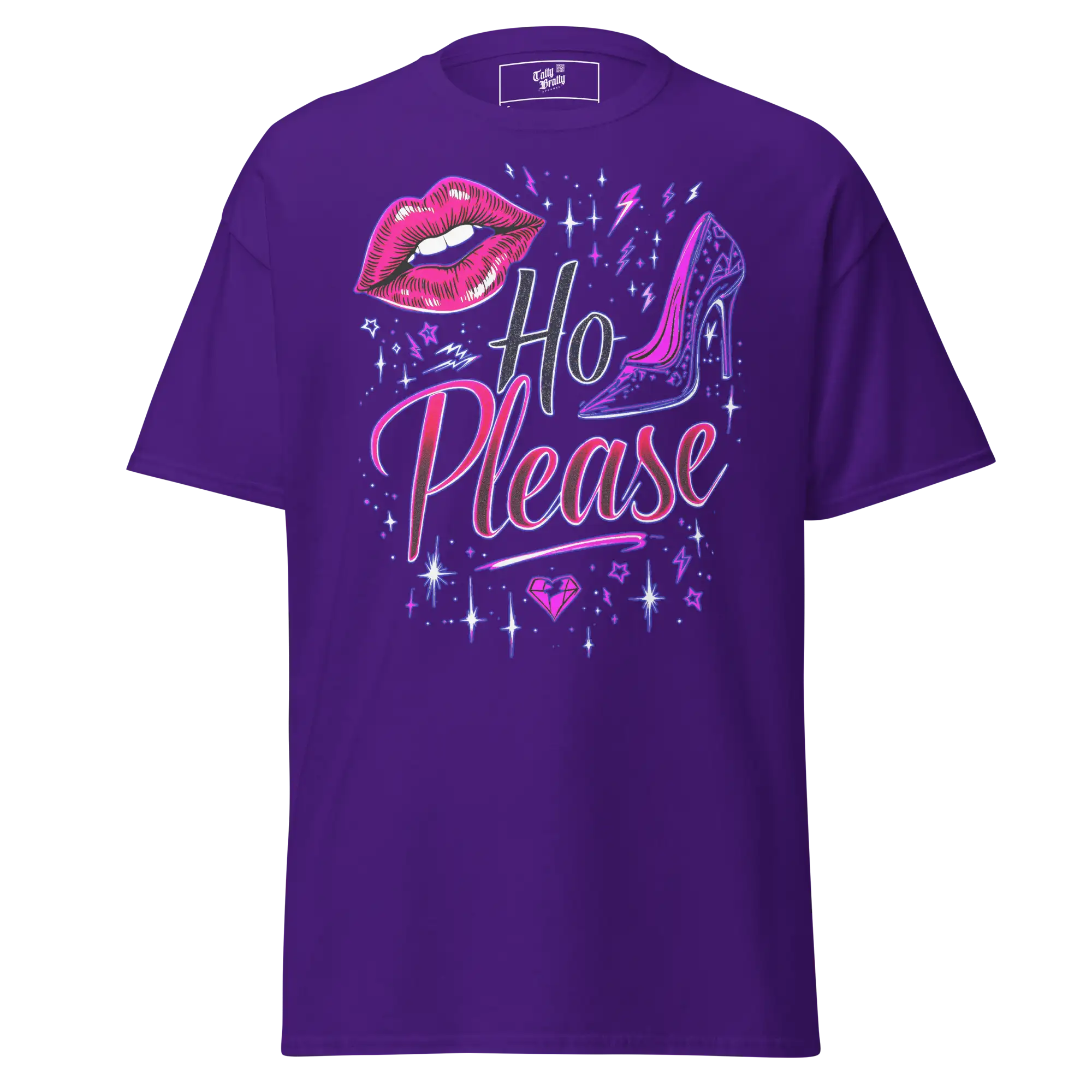 Purple t-shirt with ’Ho Please’ graphic.