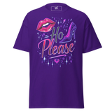 Purple t-shirt with ’Ho Please’ graphic.