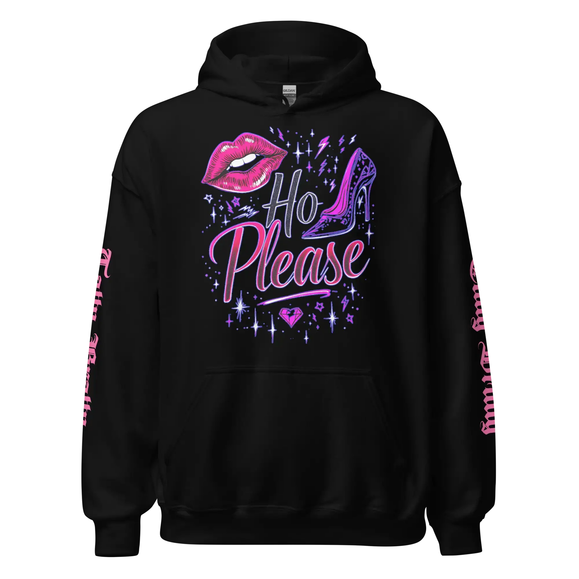 Black hoodie with ’Ho Please’ graphic.