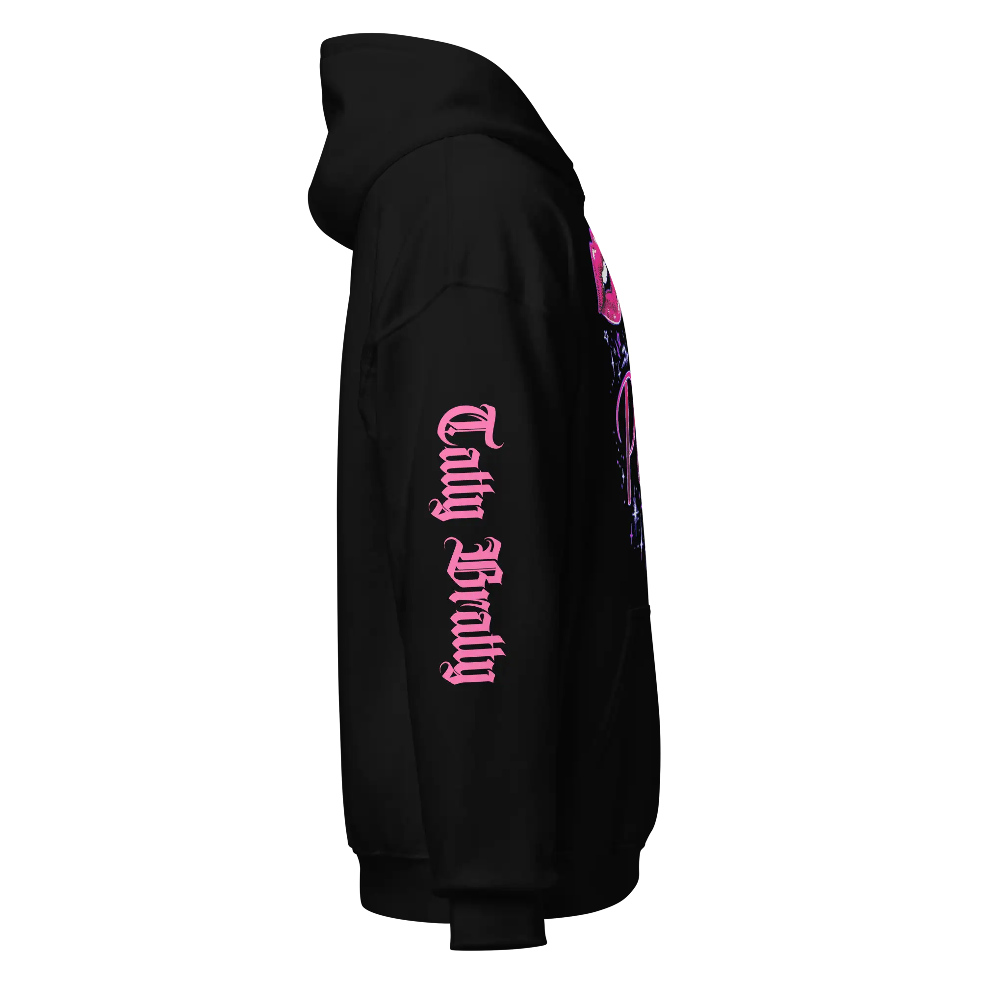 Black hoodie with pink lettering.
