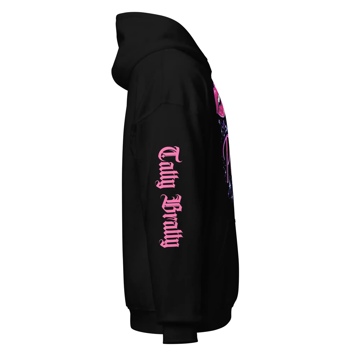 Black hoodie with pink lettering.
