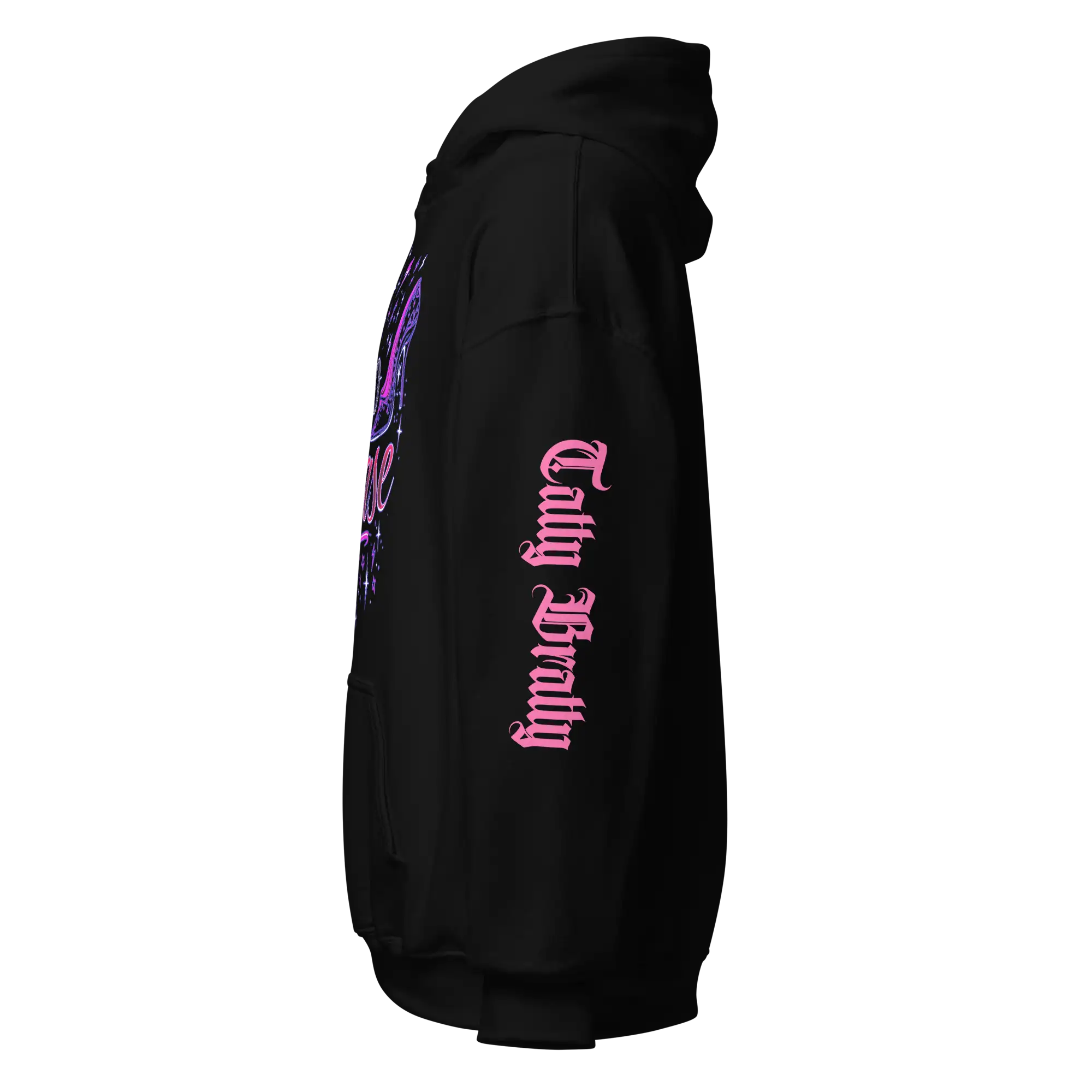 Black hoodie with pink gothic lettering.
