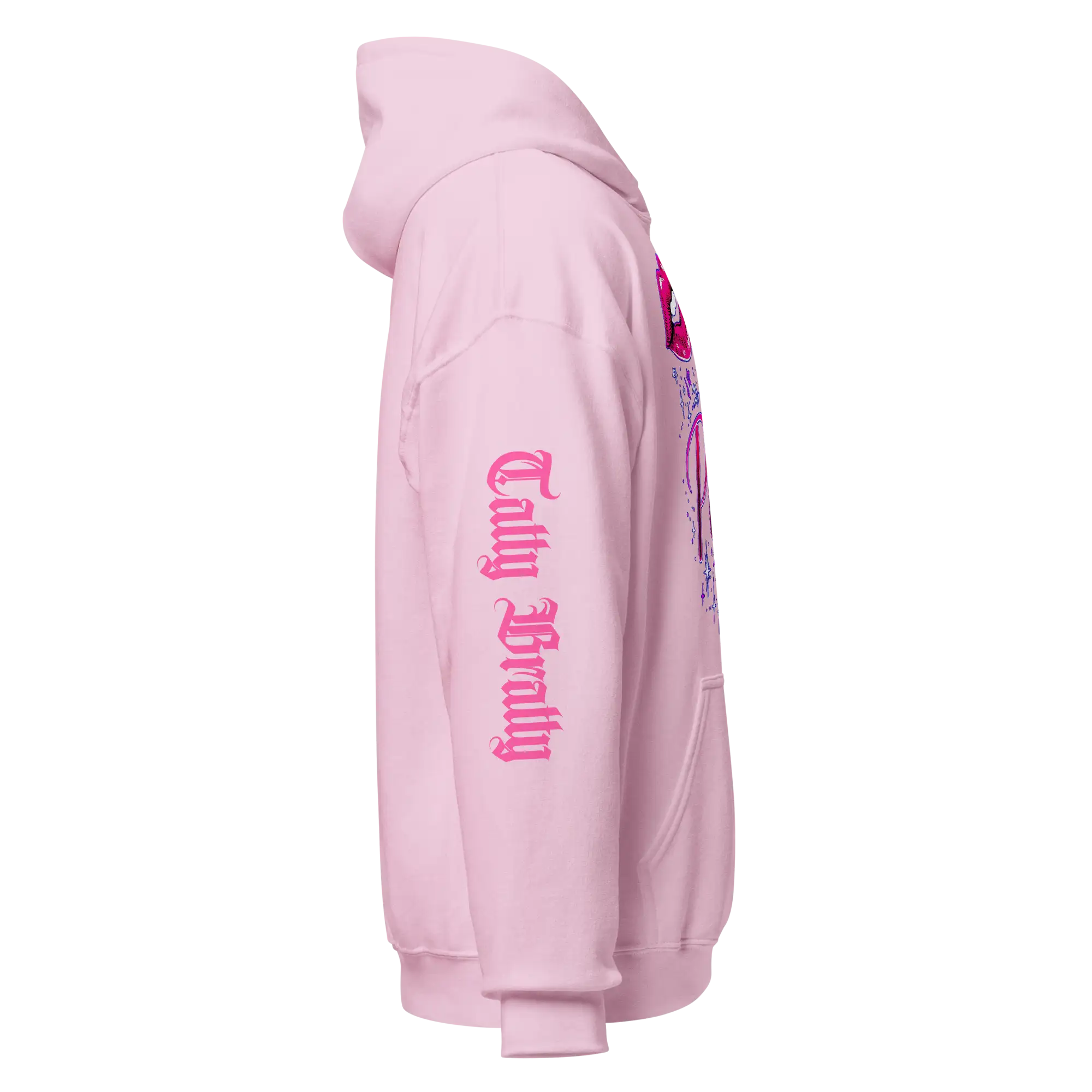 Pink hoodie with sleeve text.
