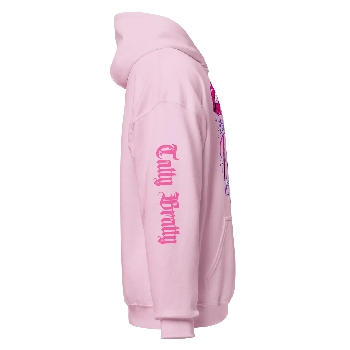 Pink hoodie with sleeve text.