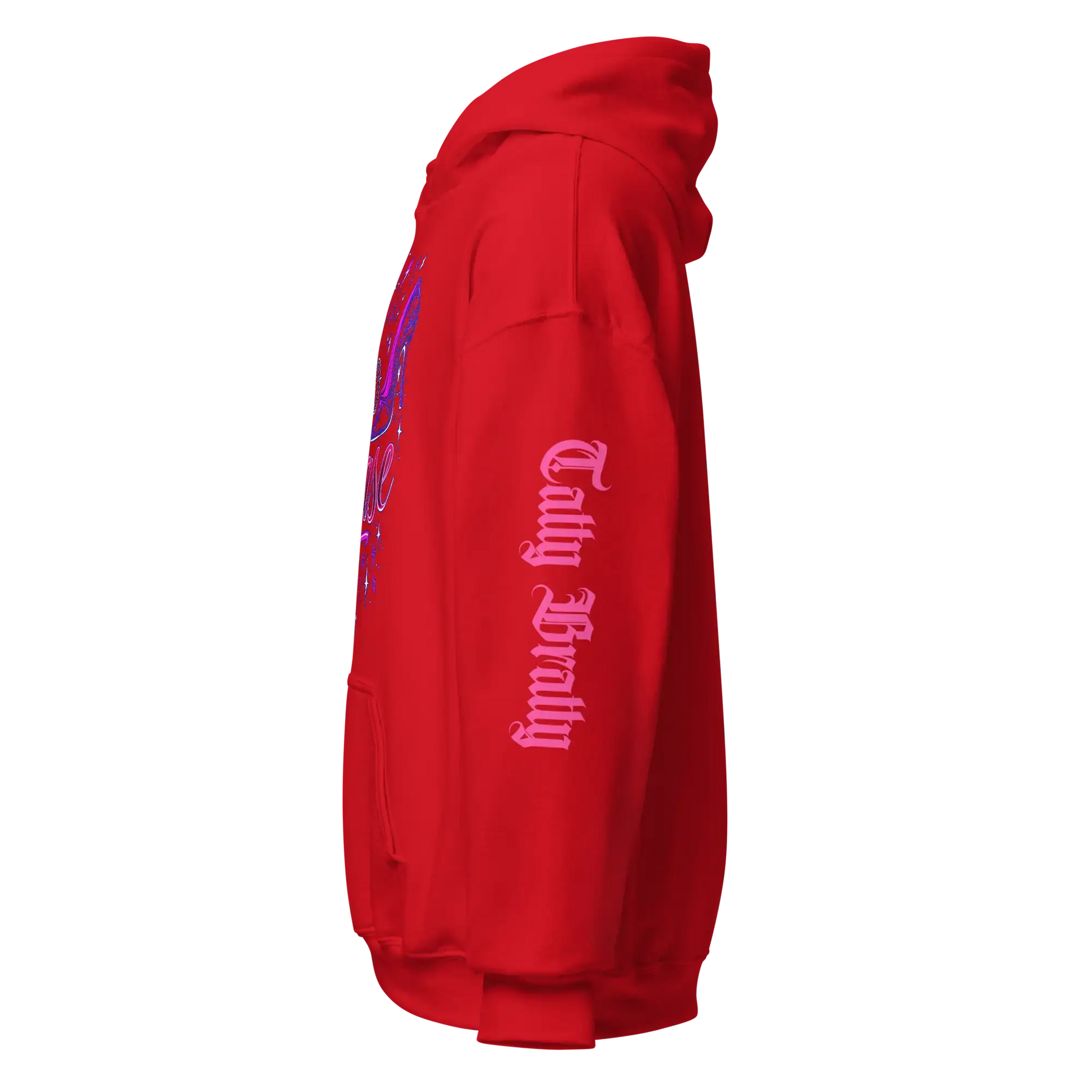 Red hooded sweatshirt.