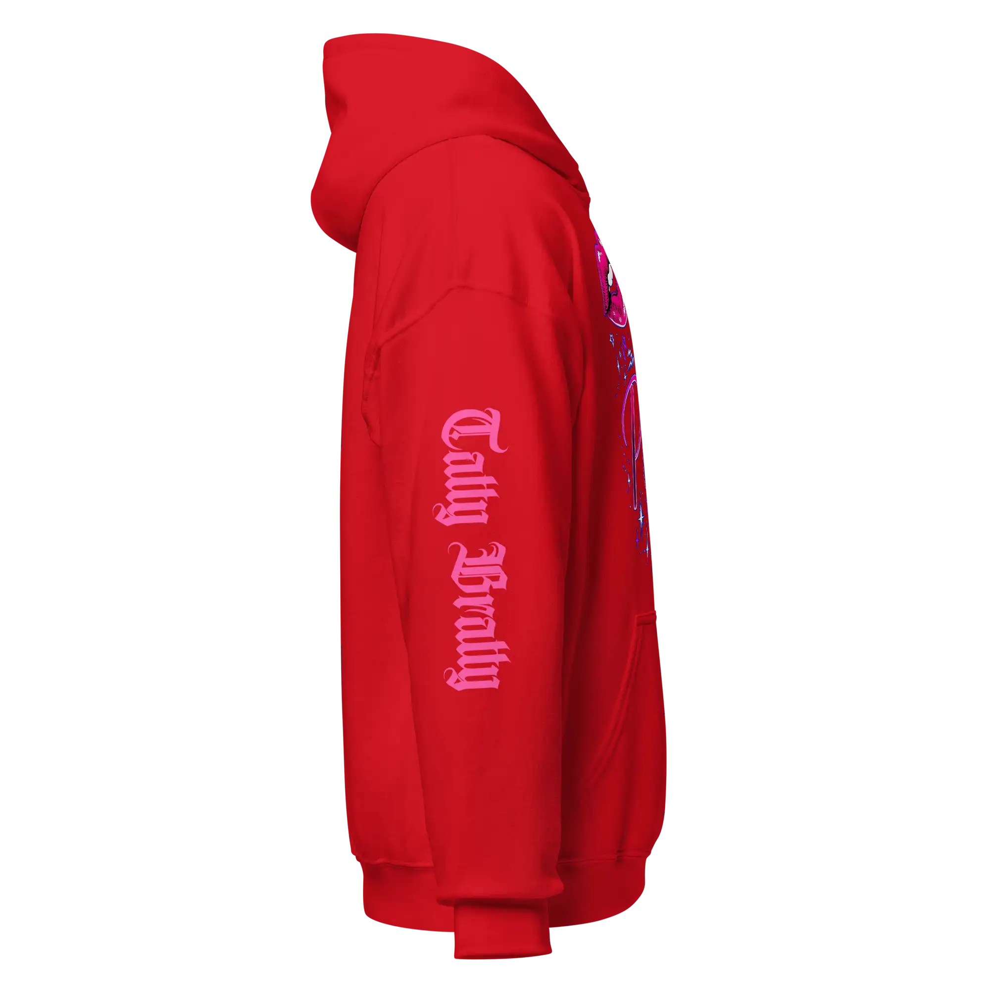 Red hoodie with pink lettering.